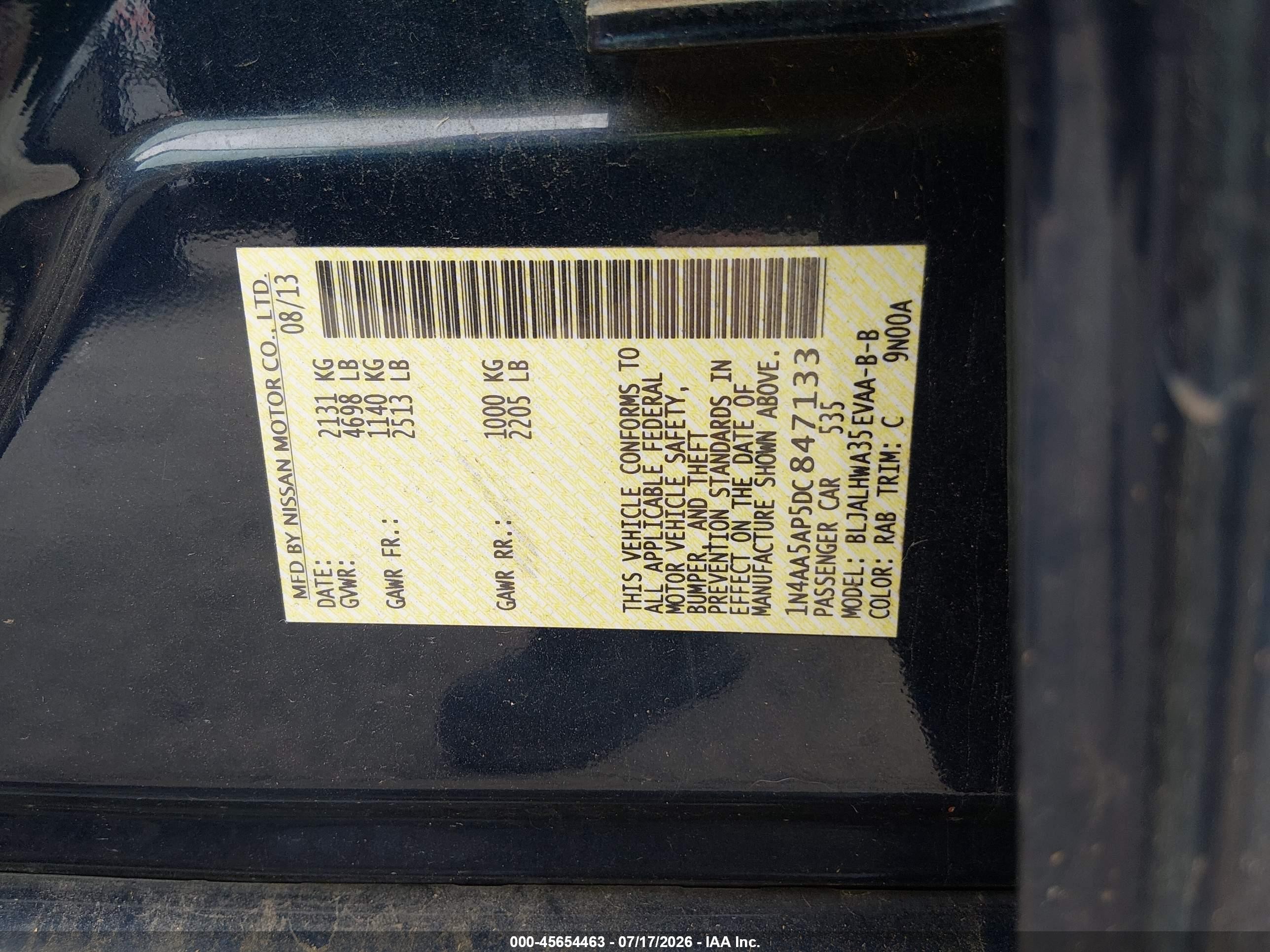 2013 Nissan Maxima 3.5 Sv Синий vin: 1N4AA5AP5DC847133