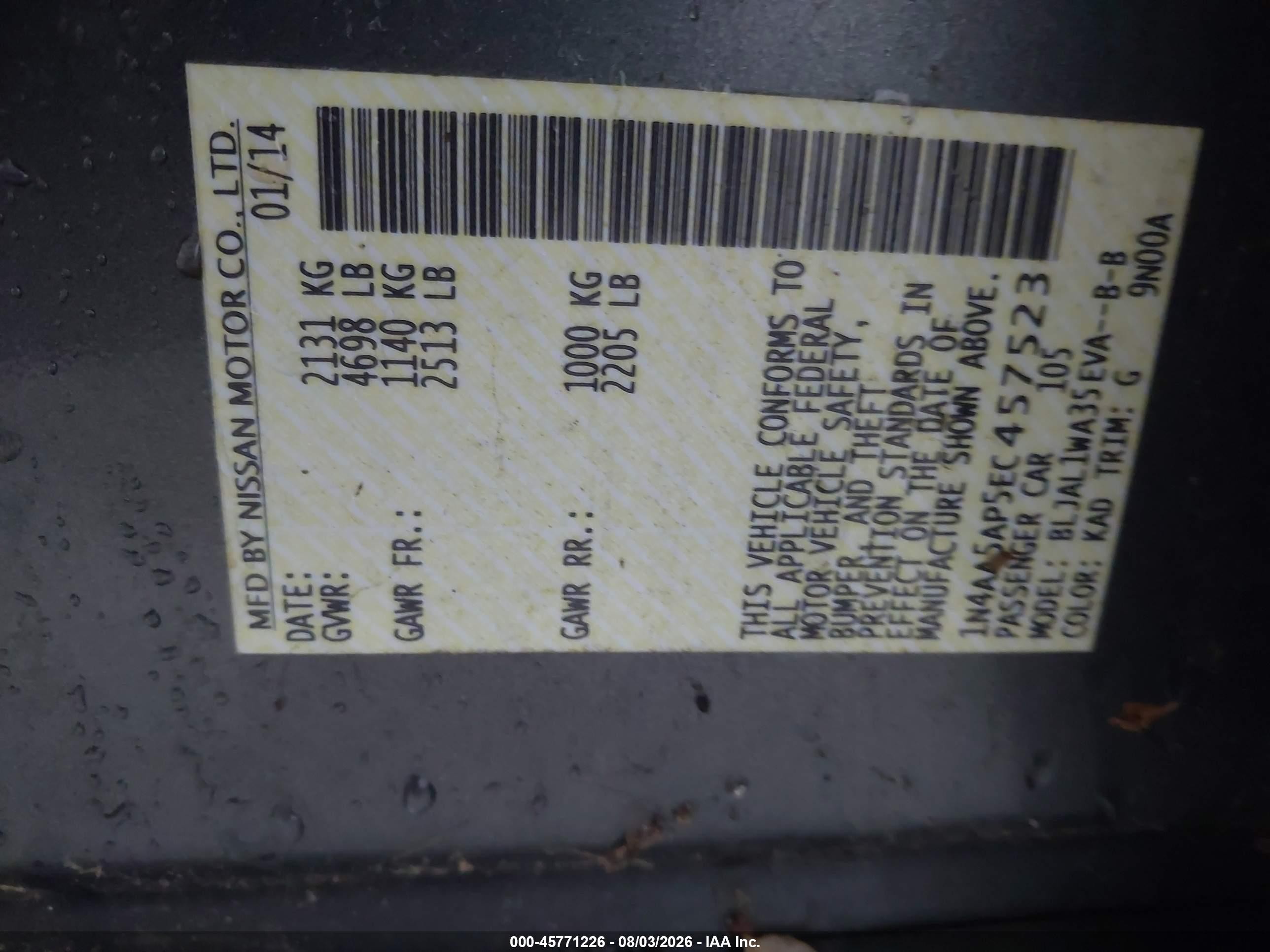 2014 Nissan Maxima 3.5 Sv Gray vin: 1N4AA5AP5EC457523