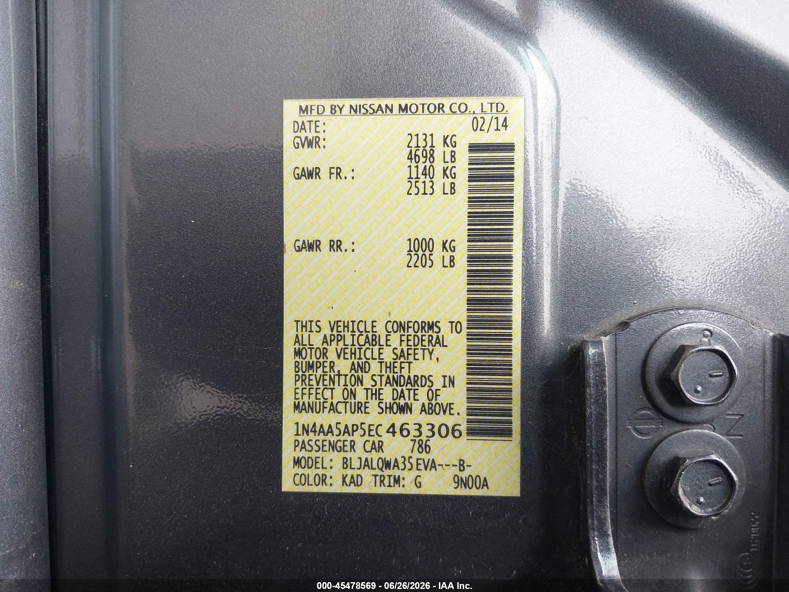 2014 Nissan Maxima 3.5 S/3.5 Sv Gray vin: 1N4AA5AP5EC463306