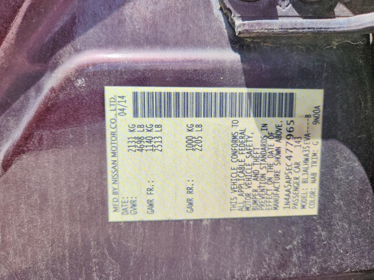 2014 Nissan Maxima 3.5 S Purple vin: 1N4AA5AP5EC477965