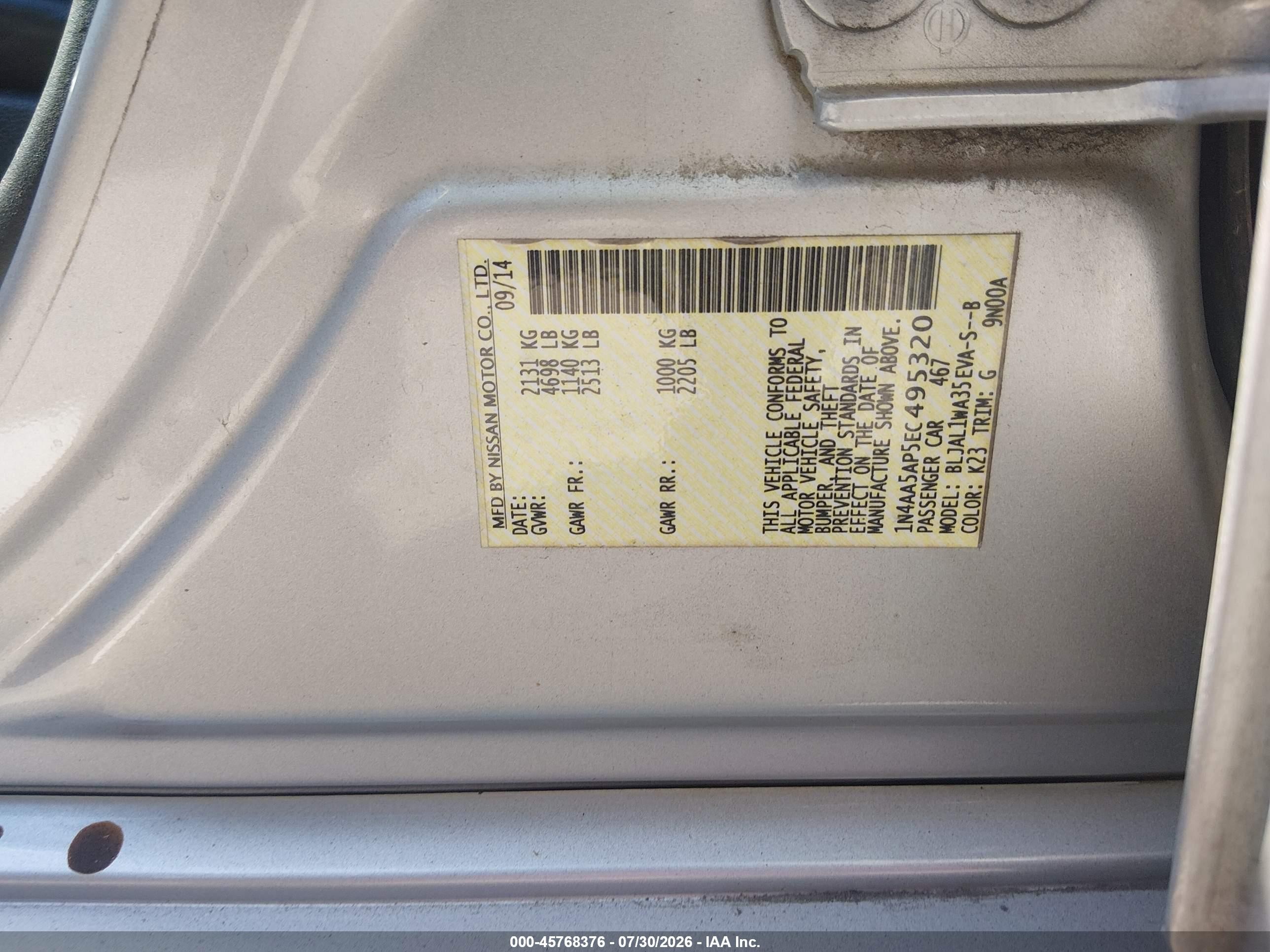 2014 Nissan Maxima 3.5 Sv Silver vin: 1N4AA5AP5EC495320