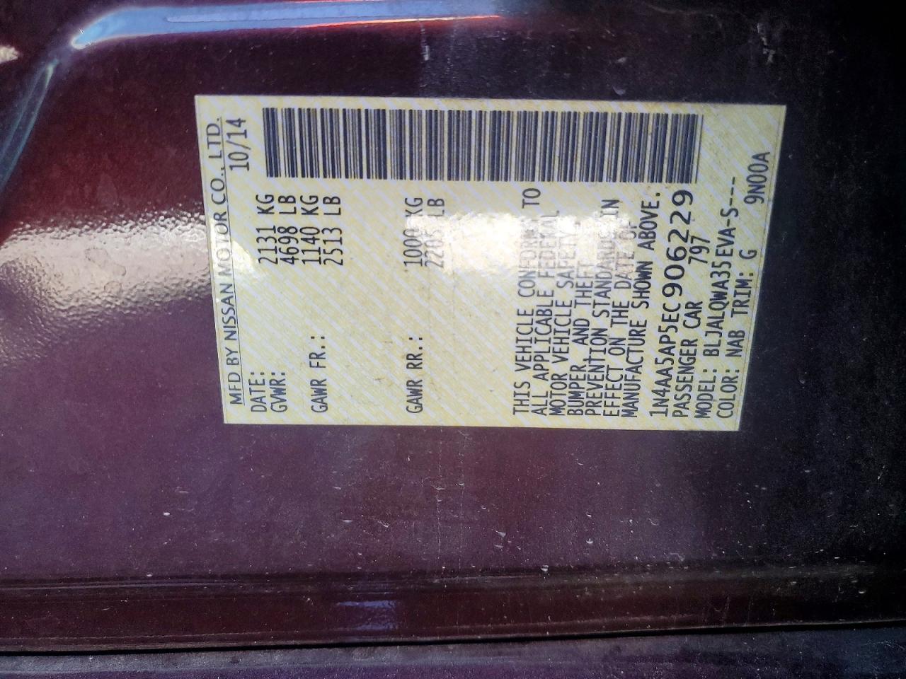 2014 Nissan Maxima 3.5 S Maroon vin: 1N4AA5AP5EC906229