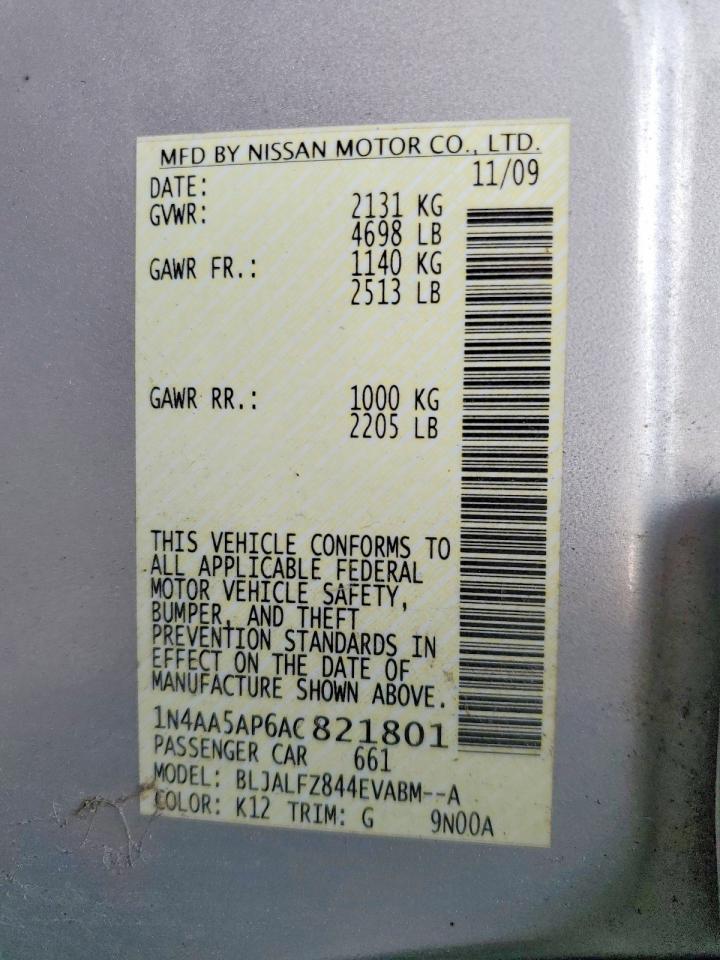 2010 Nissan Maxima 3.5 S Silver vin: 1N4AA5AP6AC821801