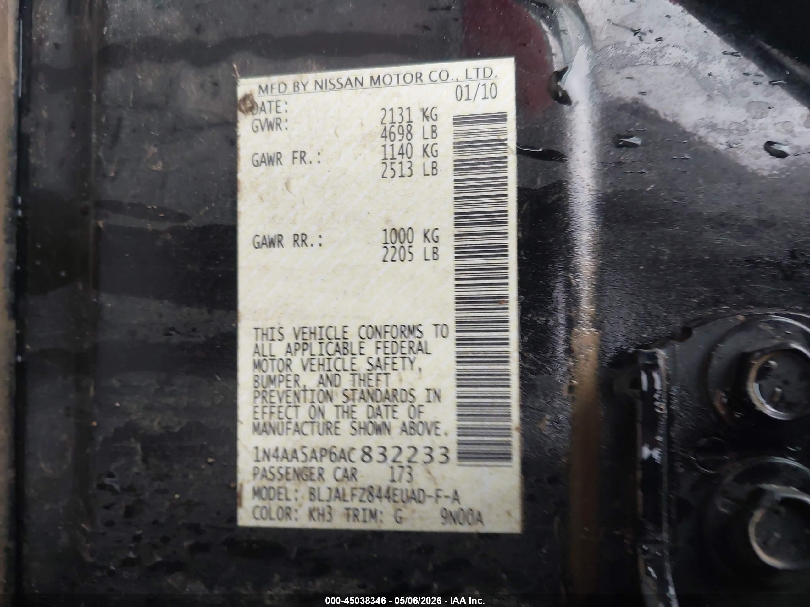 2010 Nissan Maxima 3.5 Sv Black vin: 1N4AA5AP6AC832233
