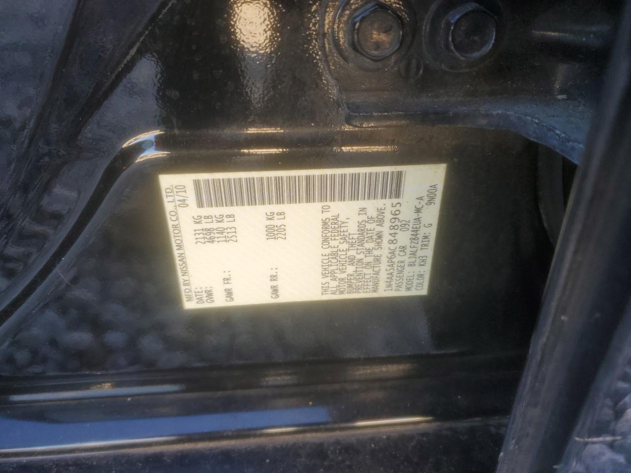 2010 Nissan Maxima 3.5 S Black vin: 1N4AA5AP6AC848965