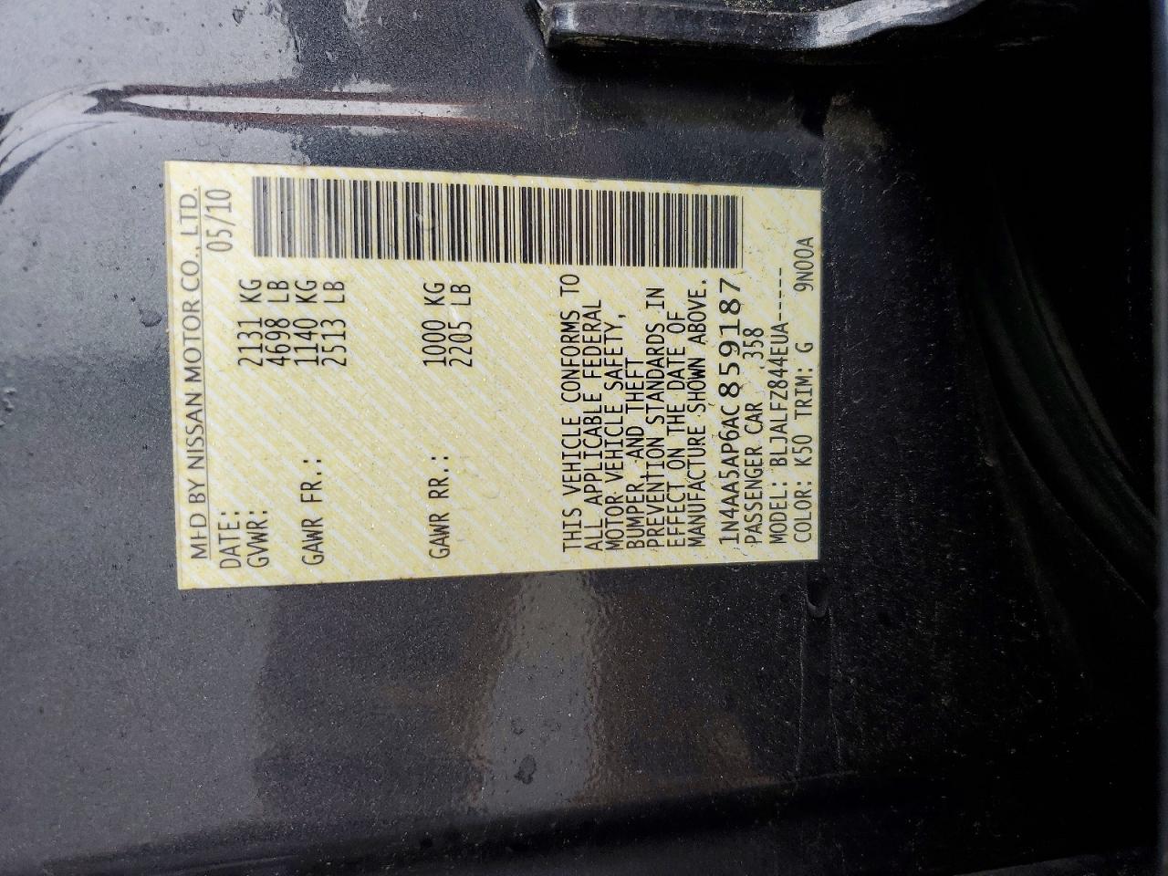 2010 Nissan Maxima 3.5 S Gray vin: 1N4AA5AP6AC859187