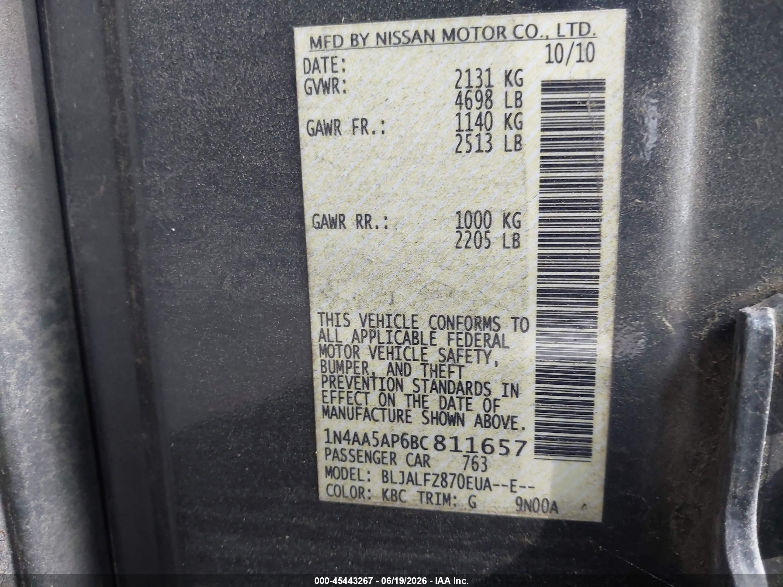 2011 Nissan Maxima 3.5 Sv Gray vin: 1N4AA5AP6BC811657