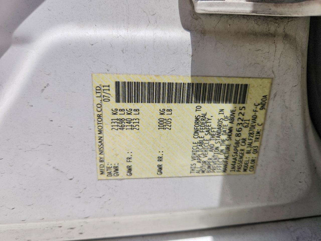 2011 Nissan Maxima White vin: 1N4AA5AP6BC863225