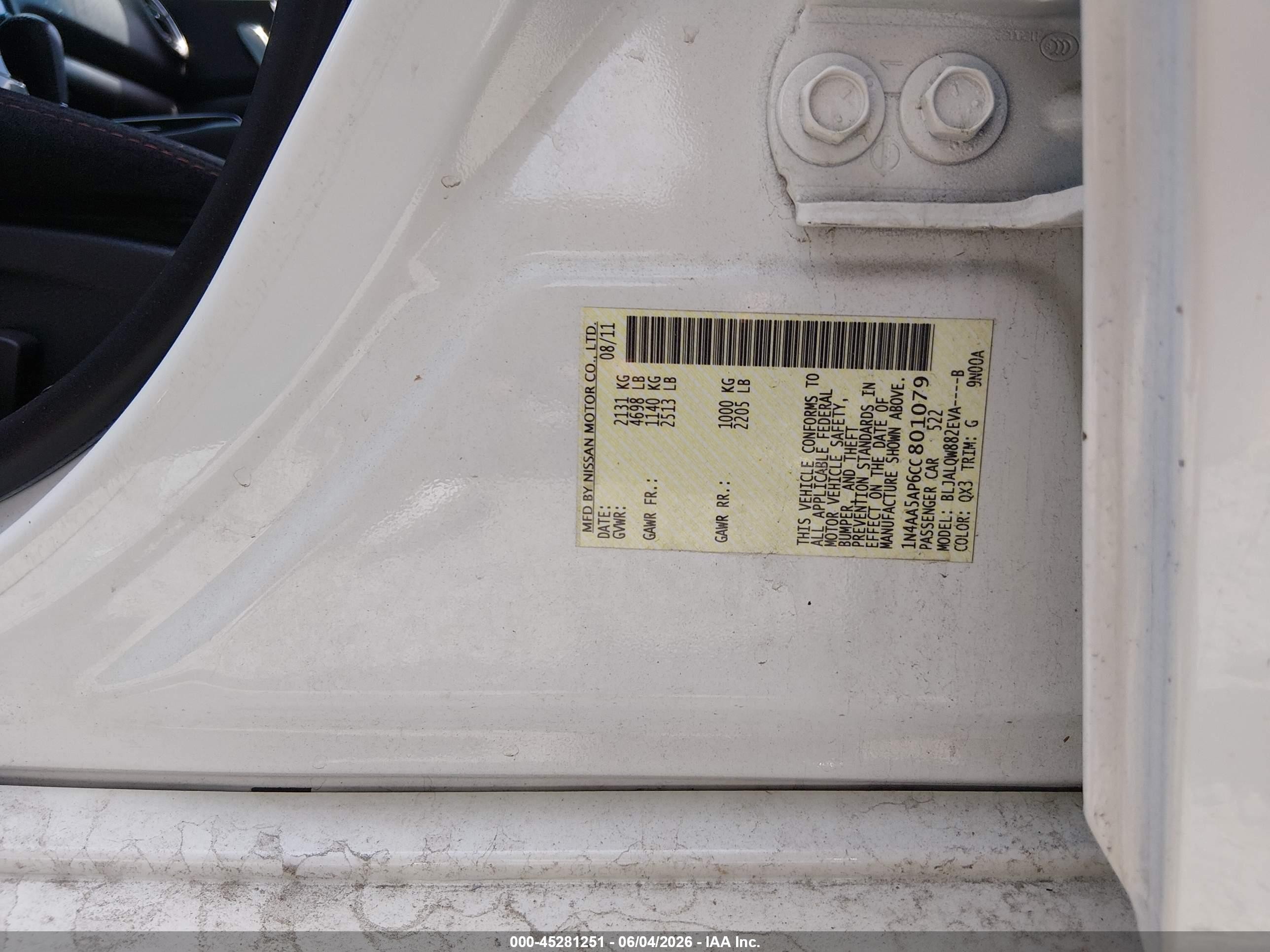 2012 Nissan Maxima 3.5 S Белый vin: 1N4AA5AP6CC801079