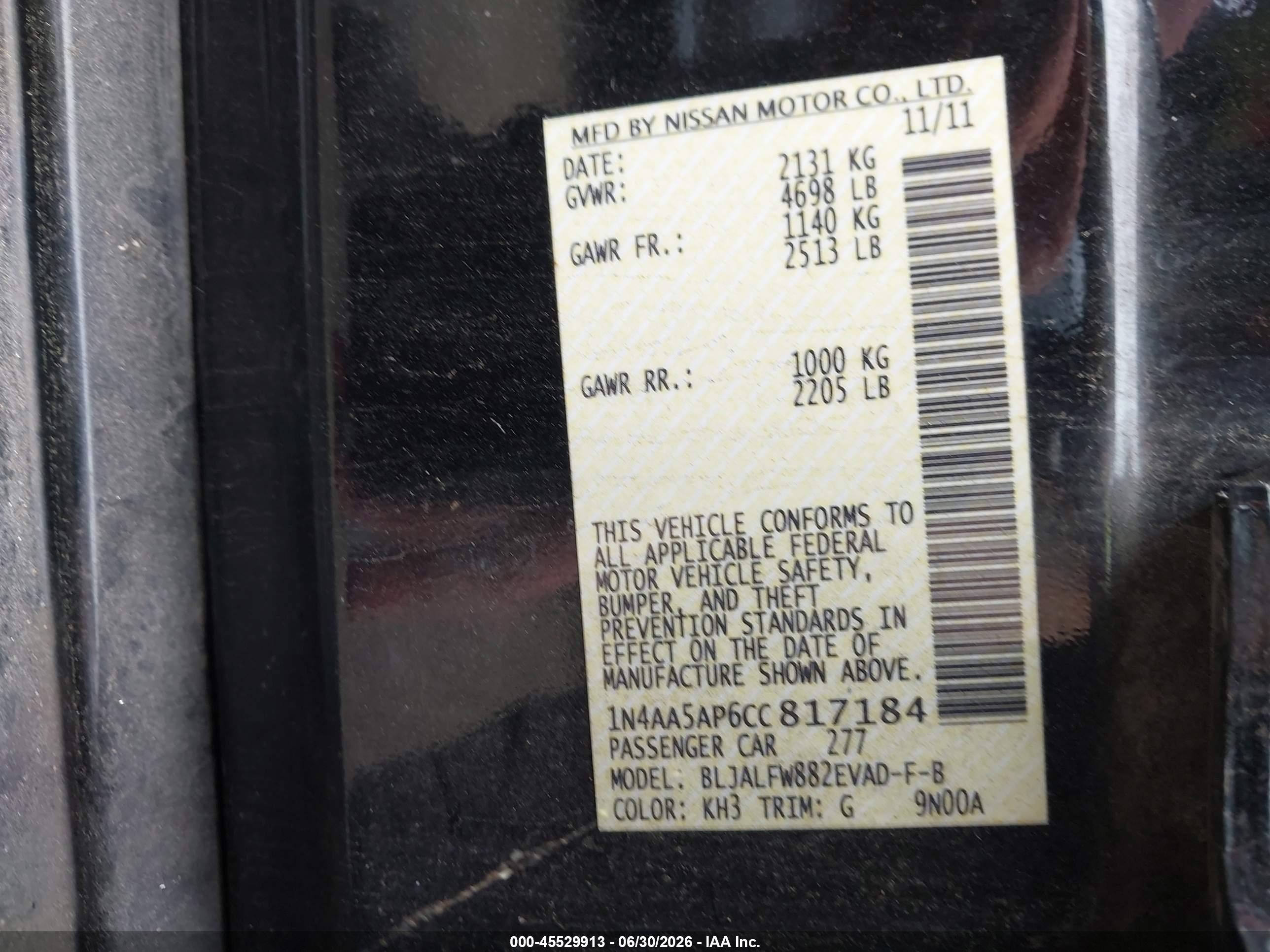 2012 Nissan Maxima 3.5 Sv Black vin: 1N4AA5AP6CC817184
