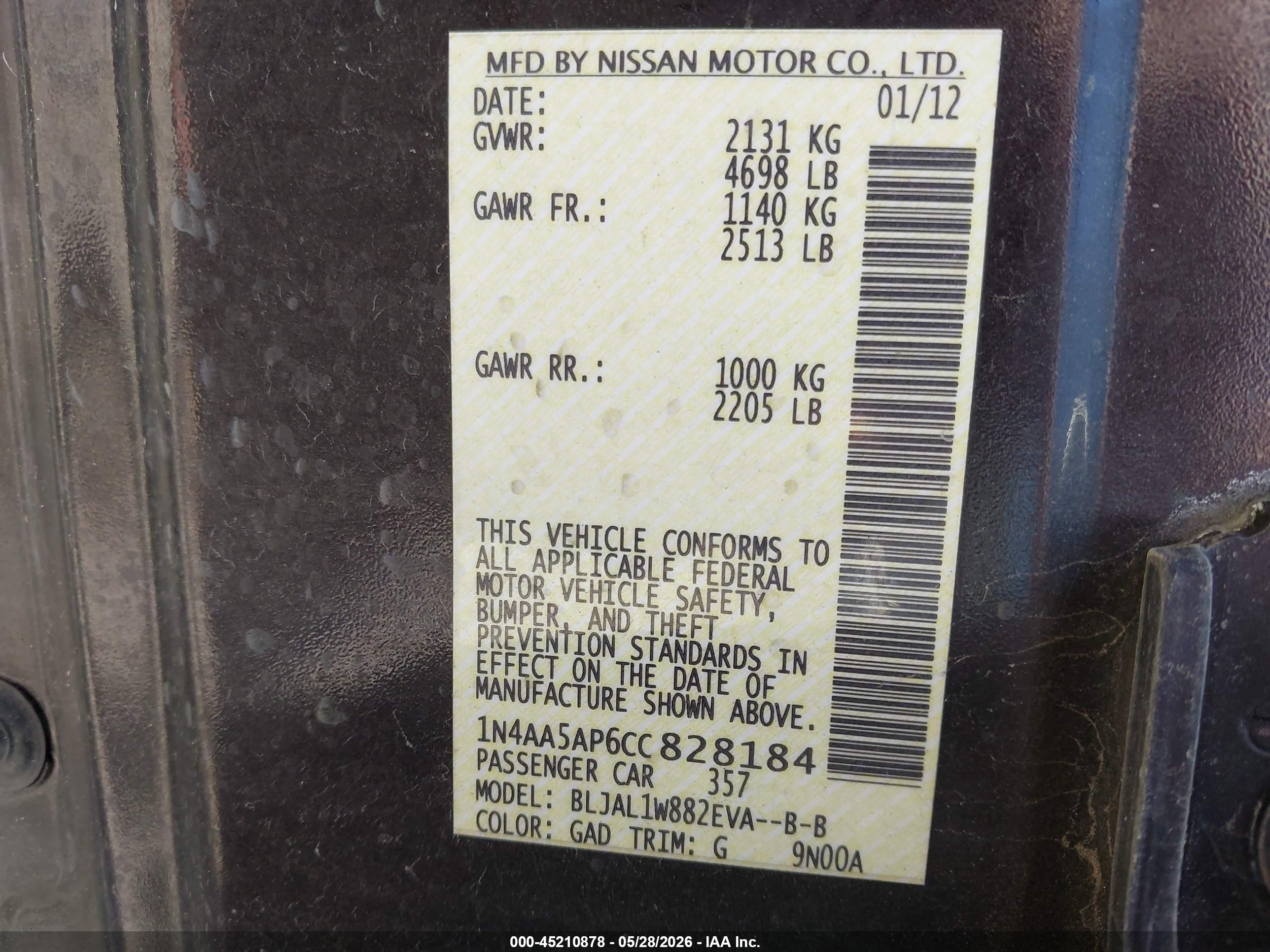 2012 Nissan Maxima 3.5 Sv Purple vin: 1N4AA5AP6CC828184