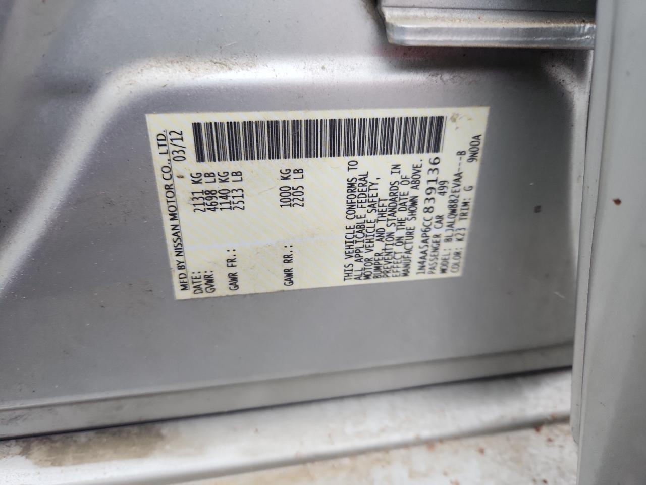 2012 Nissan Maxima S Silver vin: 1N4AA5AP6CC839136