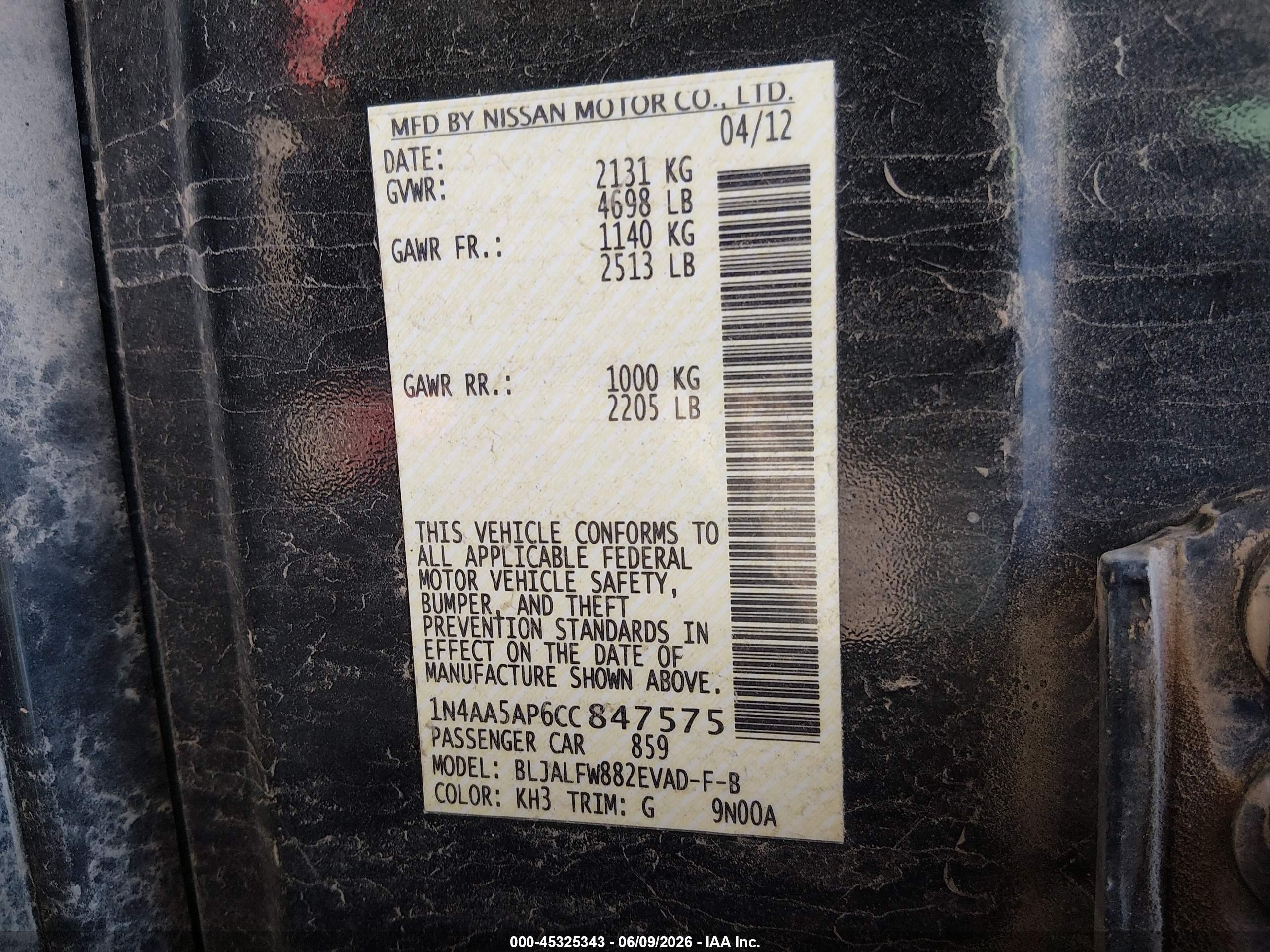 2012 Nissan Maxima 3.5 Sv Black vin: 1N4AA5AP6CC847575