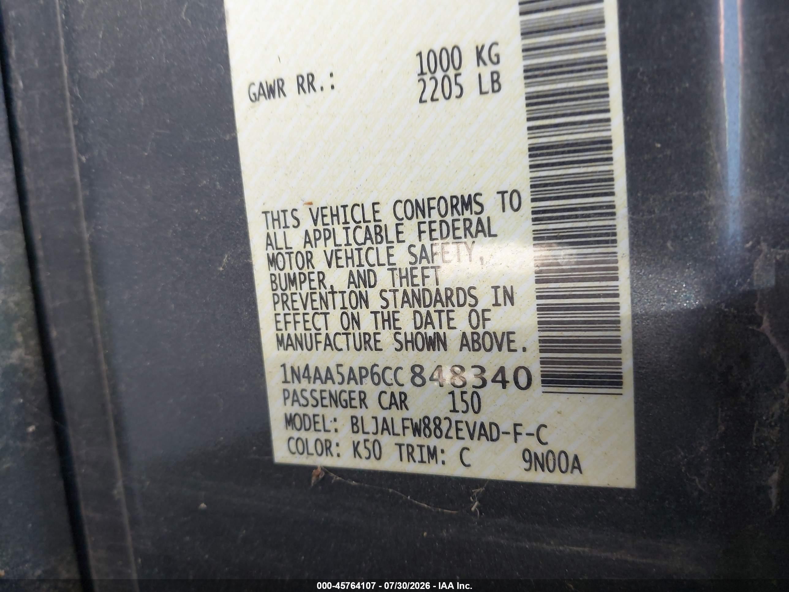 2012 Nissan Maxima S/sv Gray vin: 1N4AA5AP6CC848340