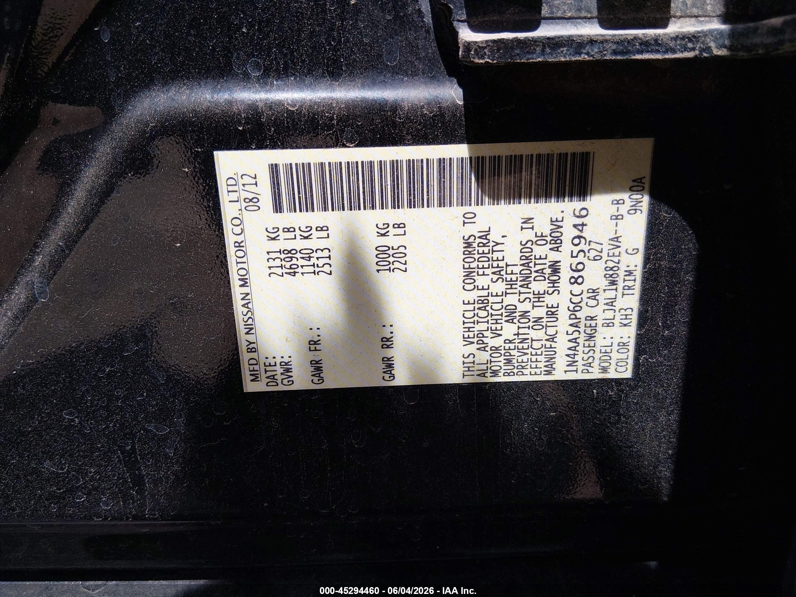 2012 Nissan Maxima 3.5 Sv Black vin: 1N4AA5AP6CC865946