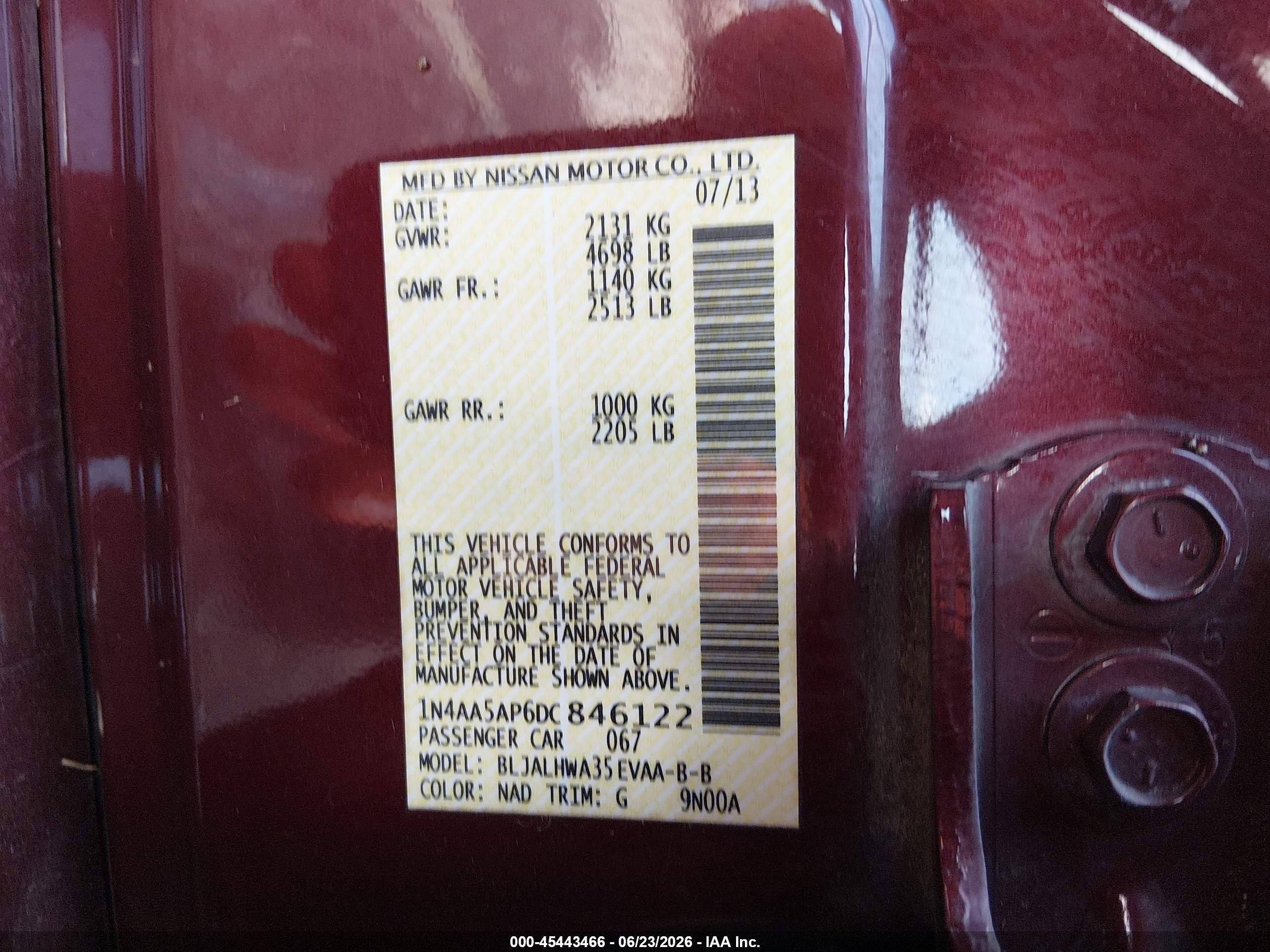 2013 Nissan Maxima 3.5 Sv Burgundy vin: 1N4AA5AP6DC846122