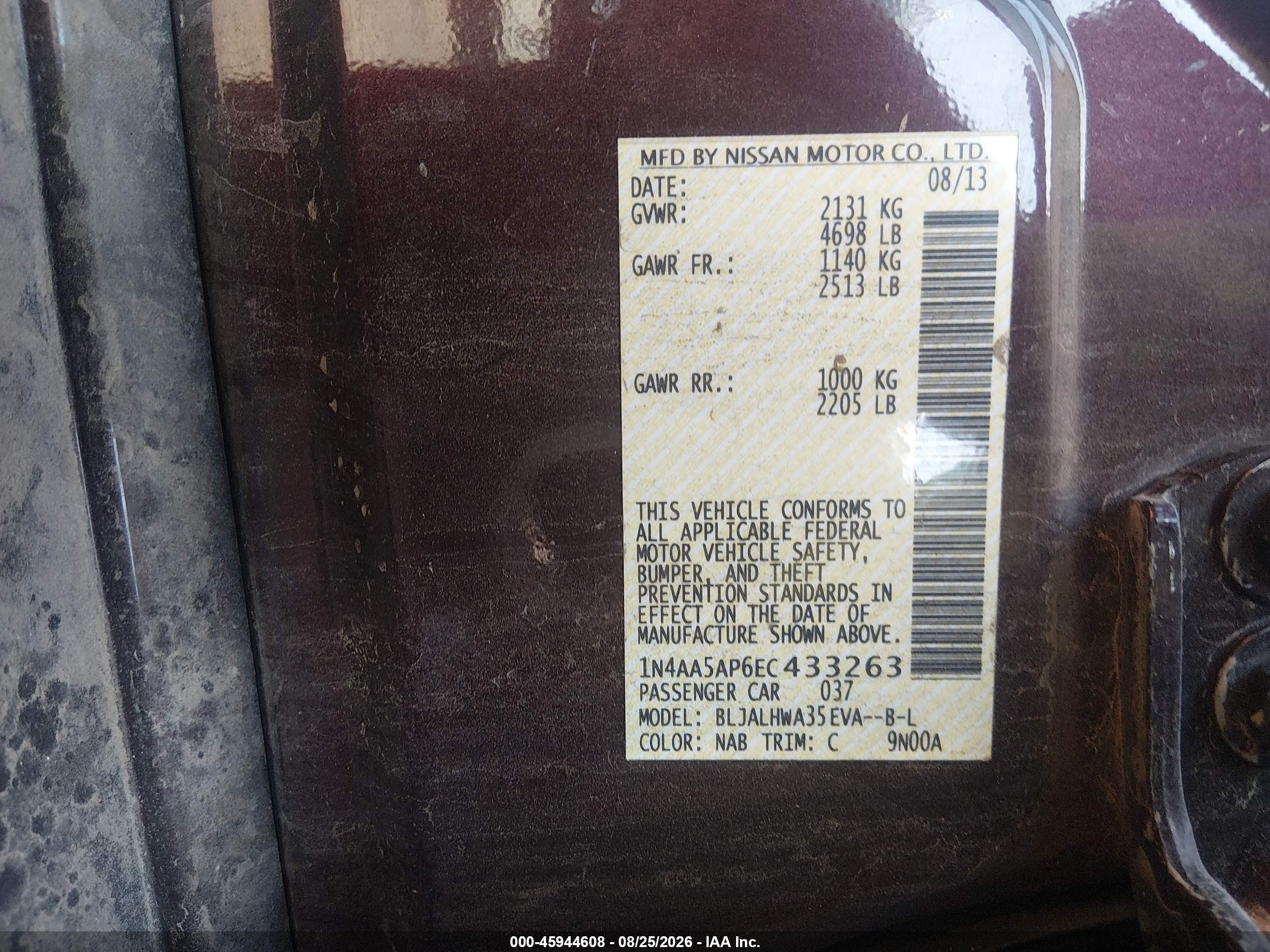 2014 Nissan Maxima 3.5 Sv Maroon vin: 1N4AA5AP6EC433263