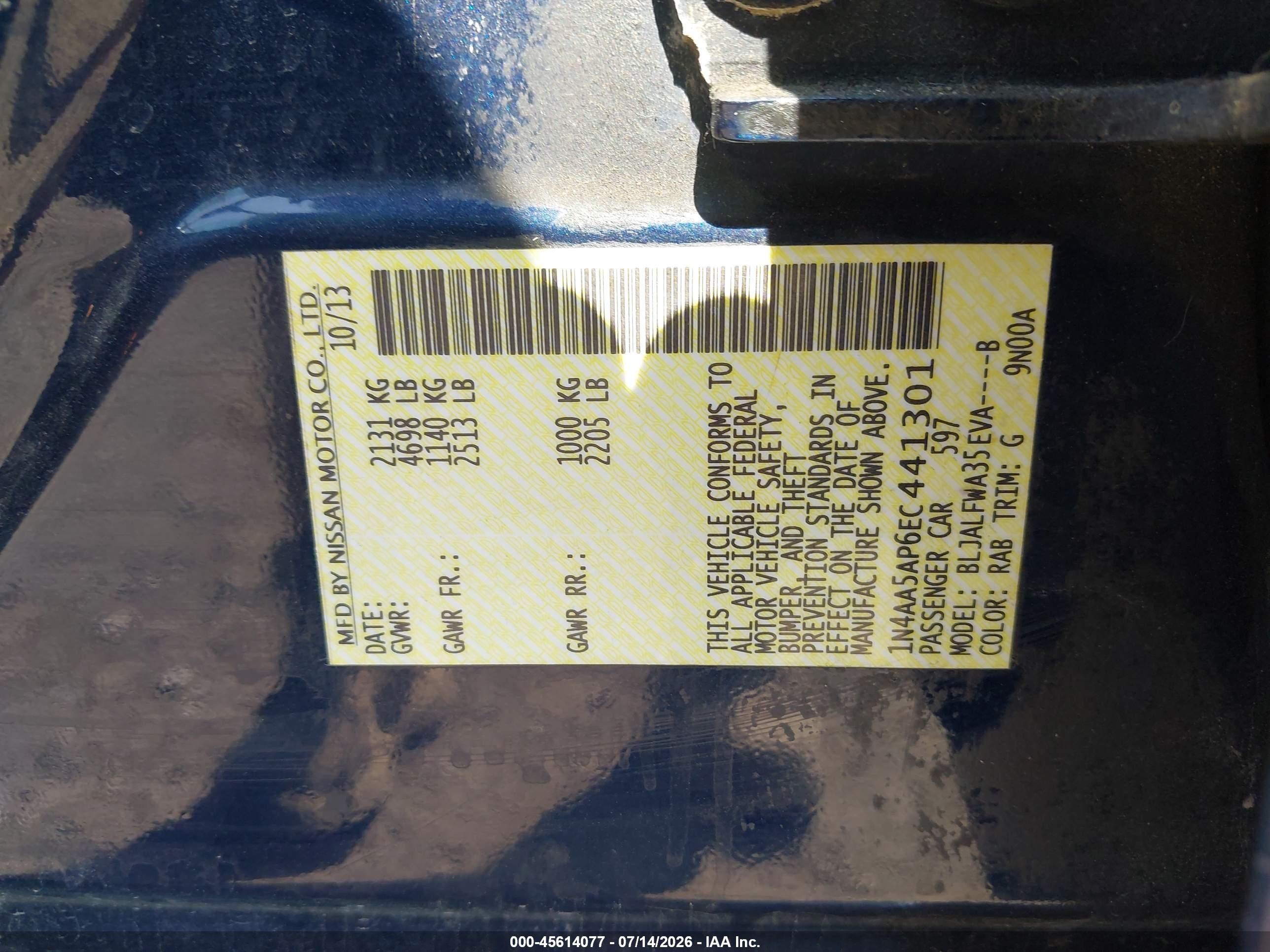 2014 Nissan Maxima 3.5 Sv Blue vin: 1N4AA5AP6EC441301