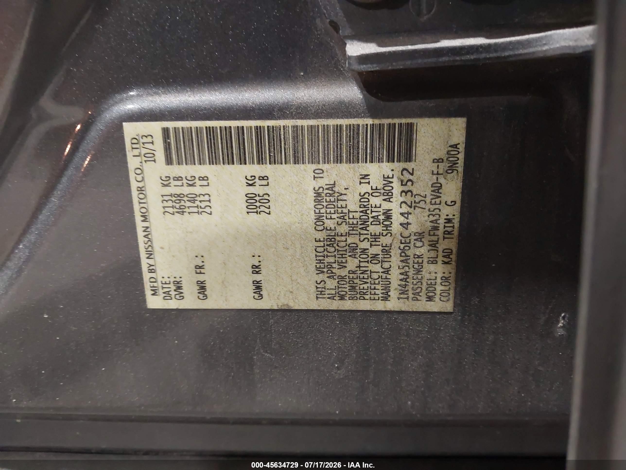 2014 Nissan Maxima 3.5 Sv Gray vin: 1N4AA5AP6EC442352