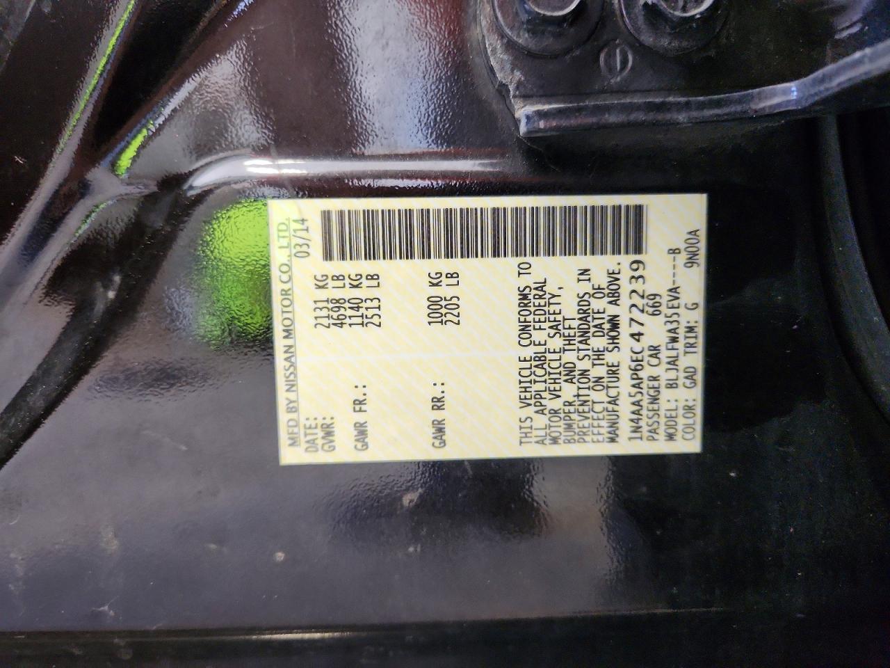 2014 Nissan Maxima 3.5 Sv Black vin: 1N4AA5AP6EC472239