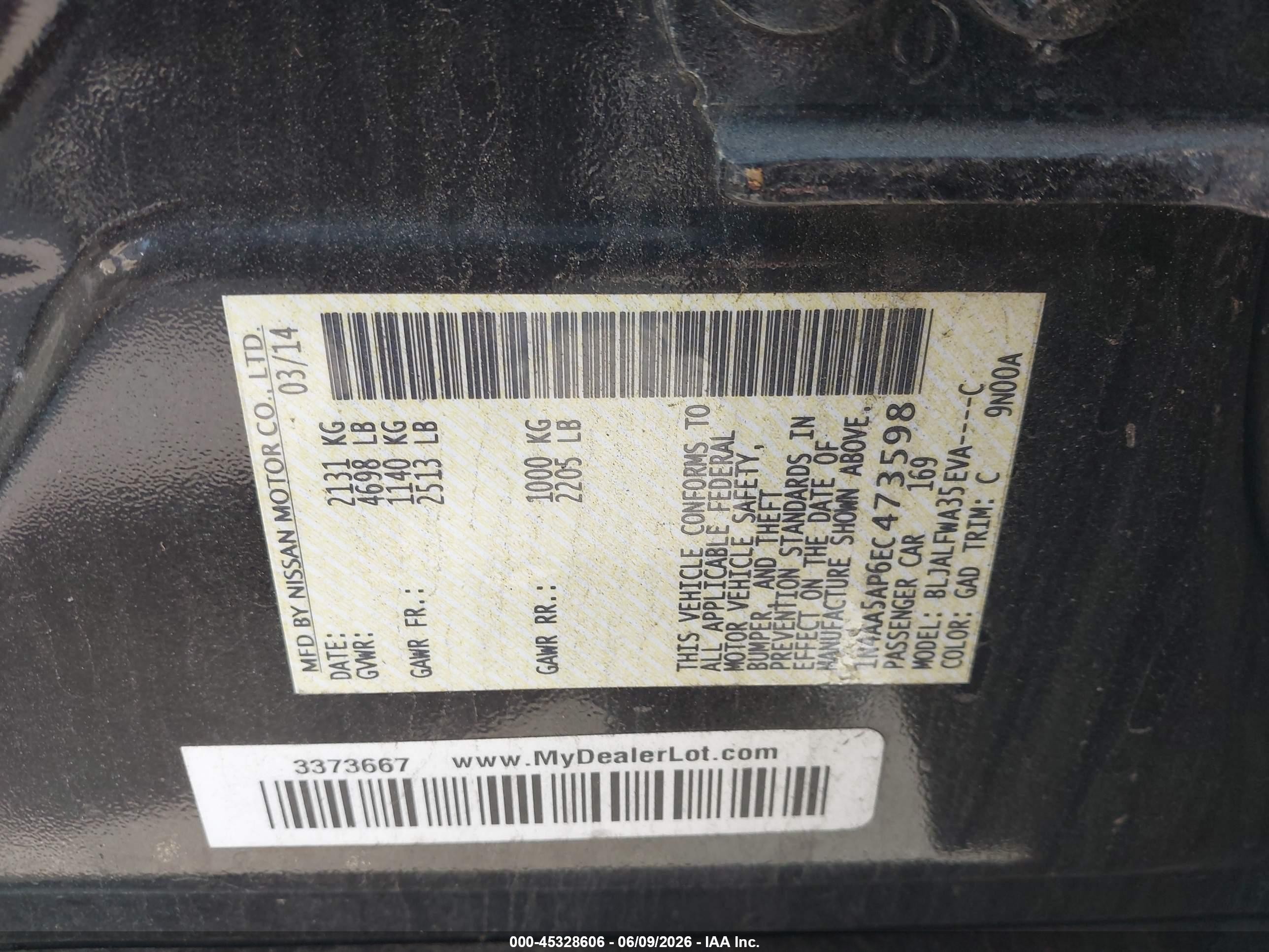 2014 Nissan Maxima 3.5 Sv Черный vin: 1N4AA5AP6EC473598