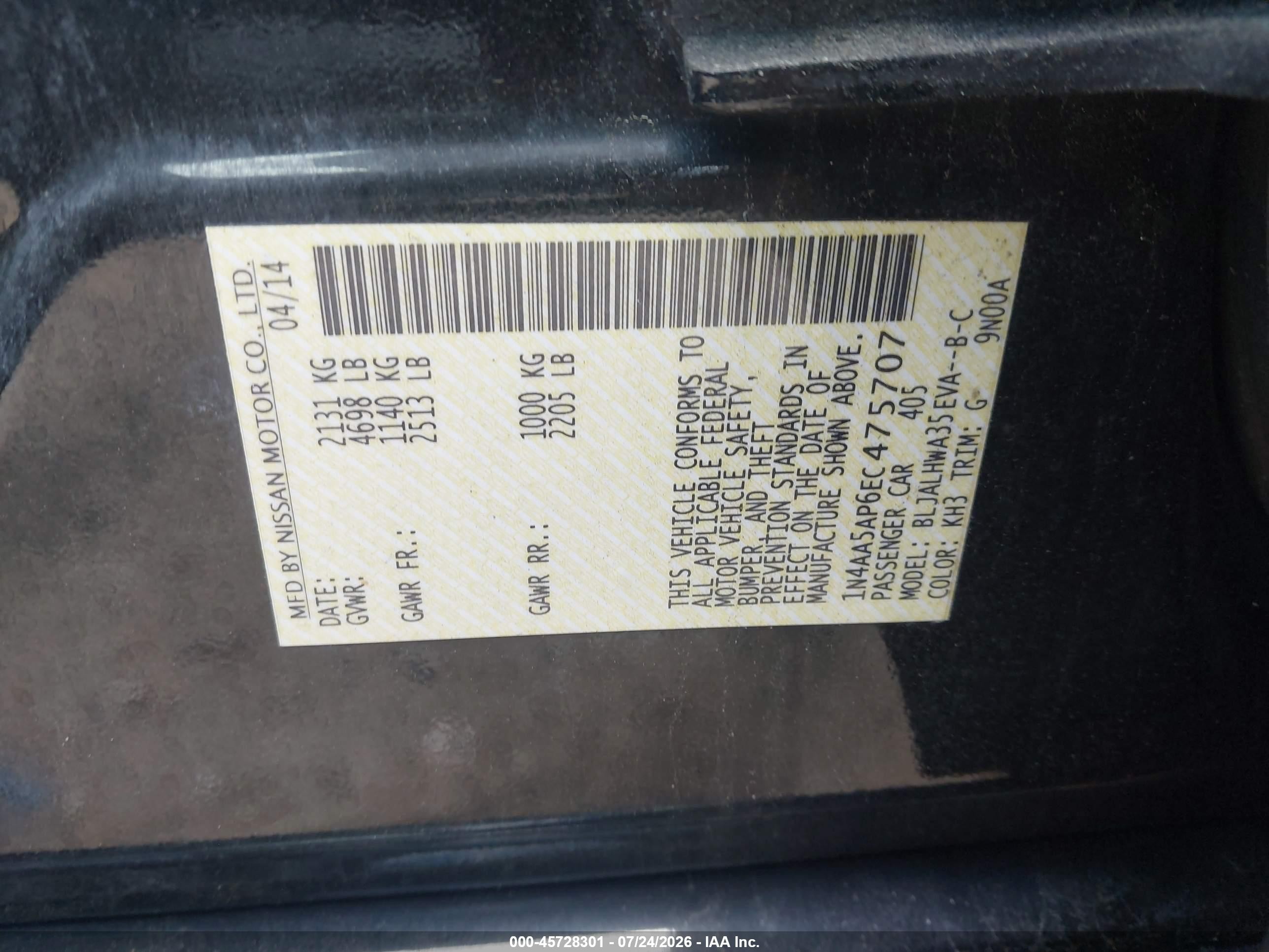 2014 Nissan Maxima 3.5 Sv Black vin: 1N4AA5AP6EC475707