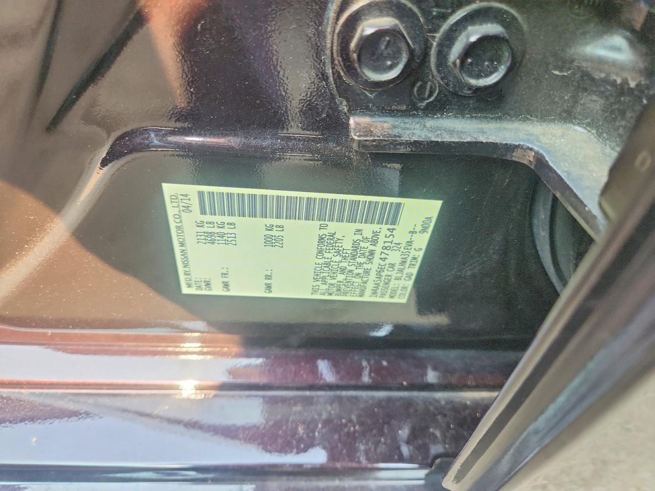 2014 Nissan Maxima 3.5 Sv Purple vin: 1N4AA5AP6EC478154