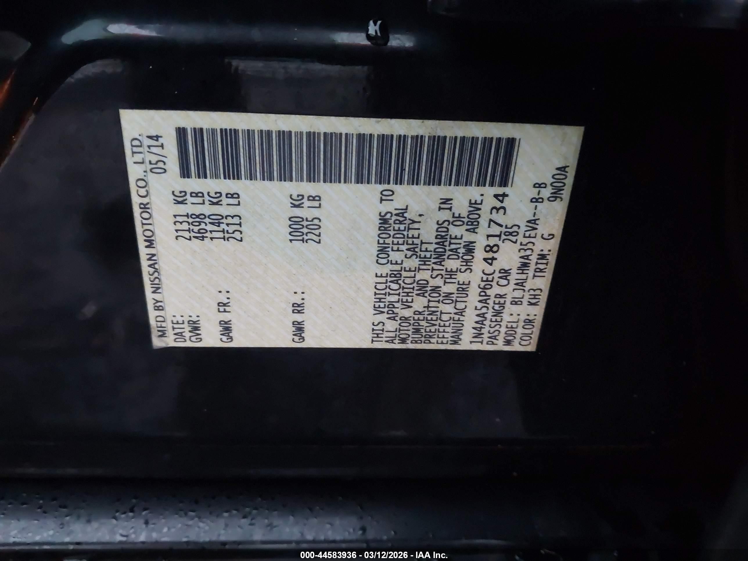 2014 Nissan Maxima 3.5 Sv Black vin: 1N4AA5AP6EC481734