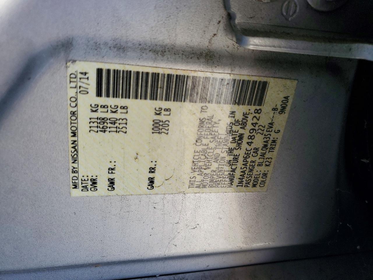 2014 Nissan Maxima 3.5 S Silver vin: 1N4AA5AP6EC489428