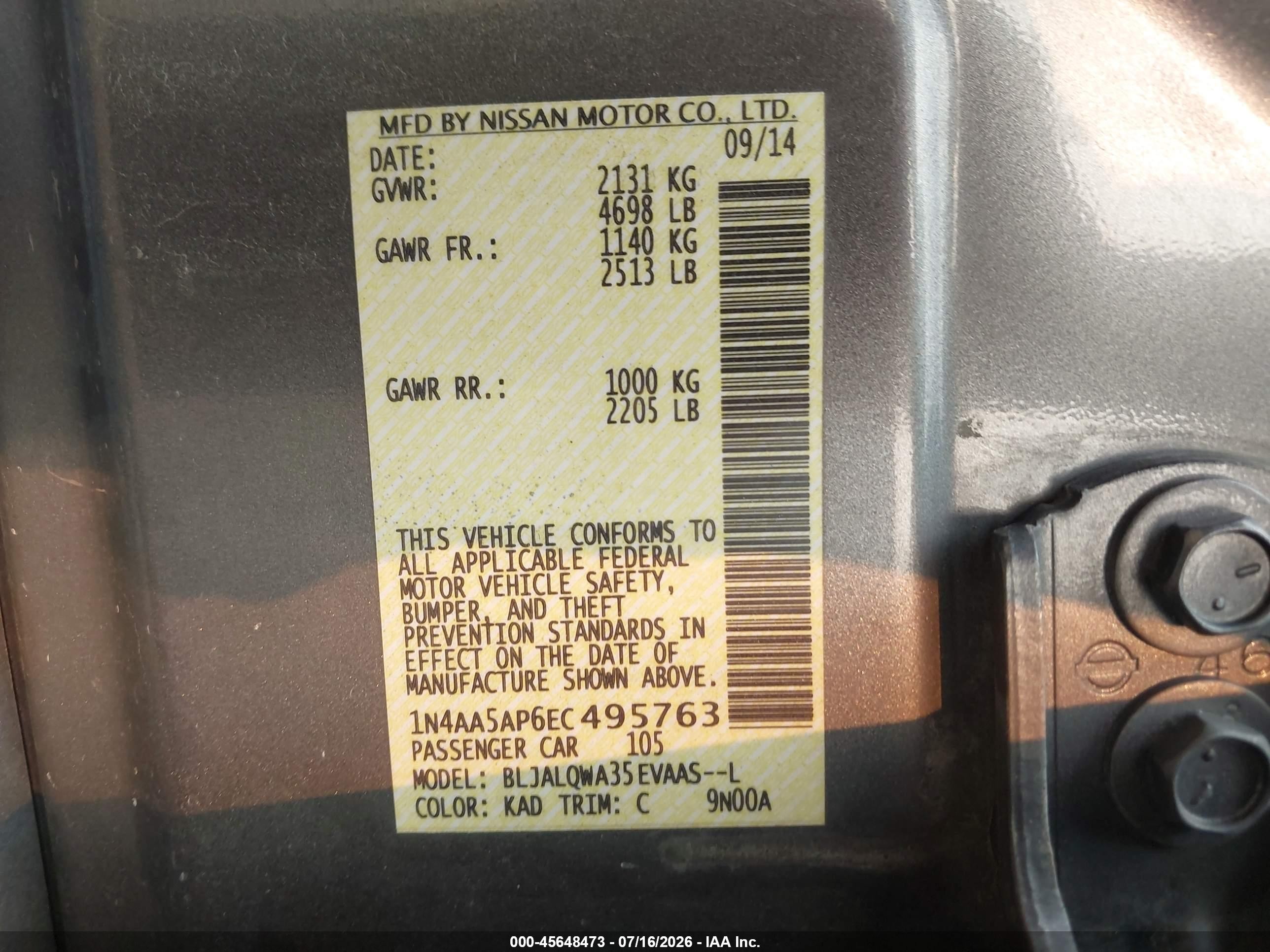 2014 Nissan Maxima 3.5 S Gray vin: 1N4AA5AP6EC495763