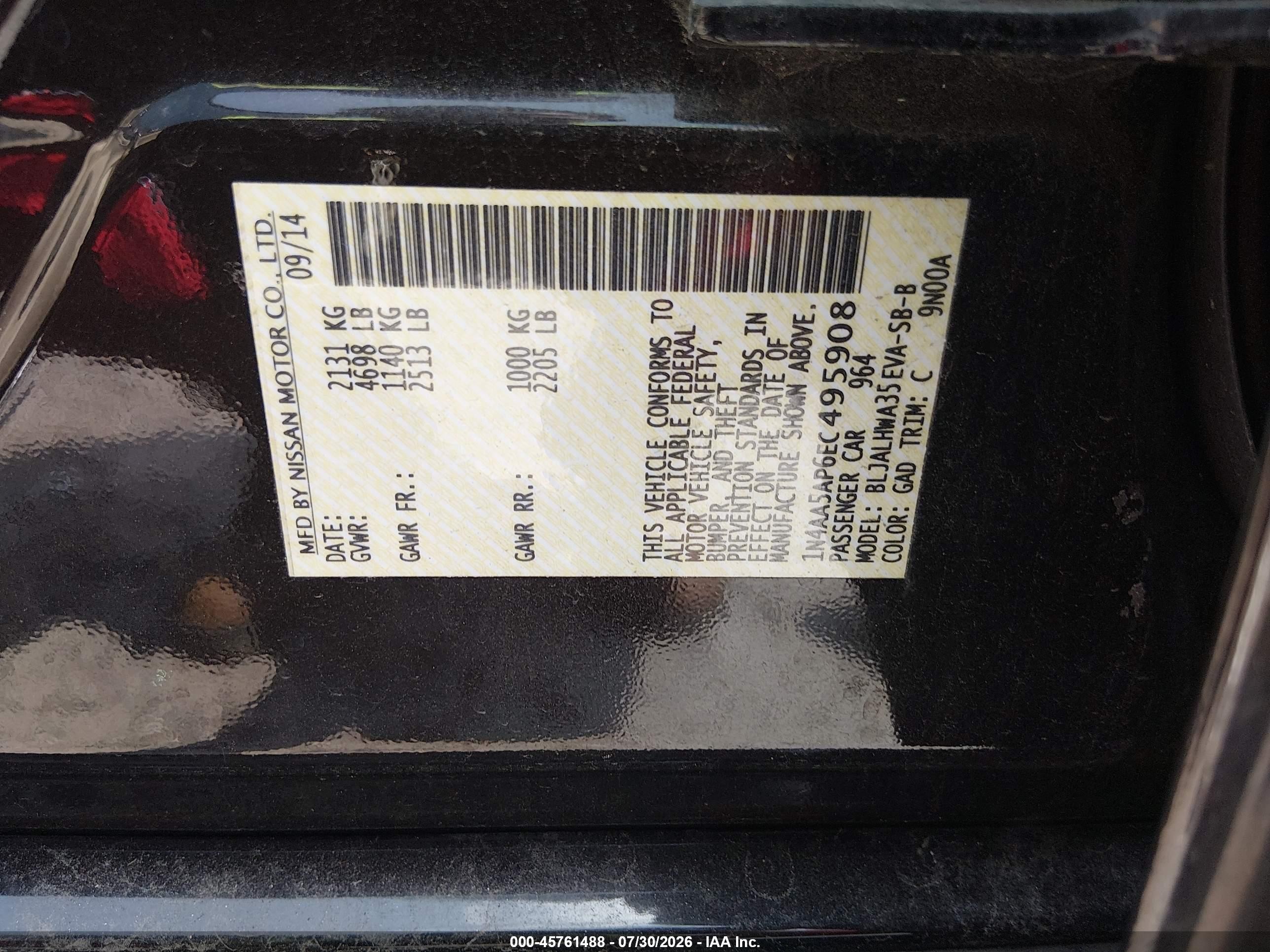 2014 Nissan Maxima 3.5 Sv Black vin: 1N4AA5AP6EC495908