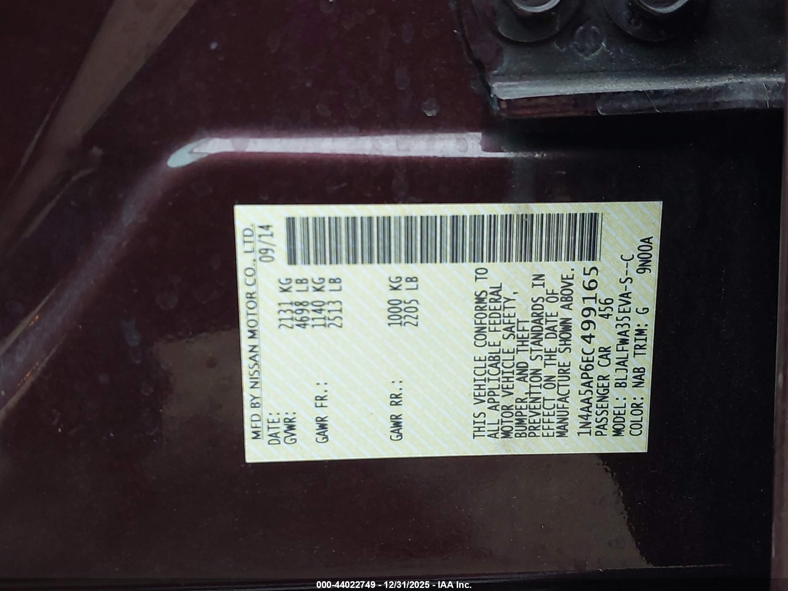 2014 Nissan Maxima 3.5 Sv Maroon vin: 1N4AA5AP6EC499165