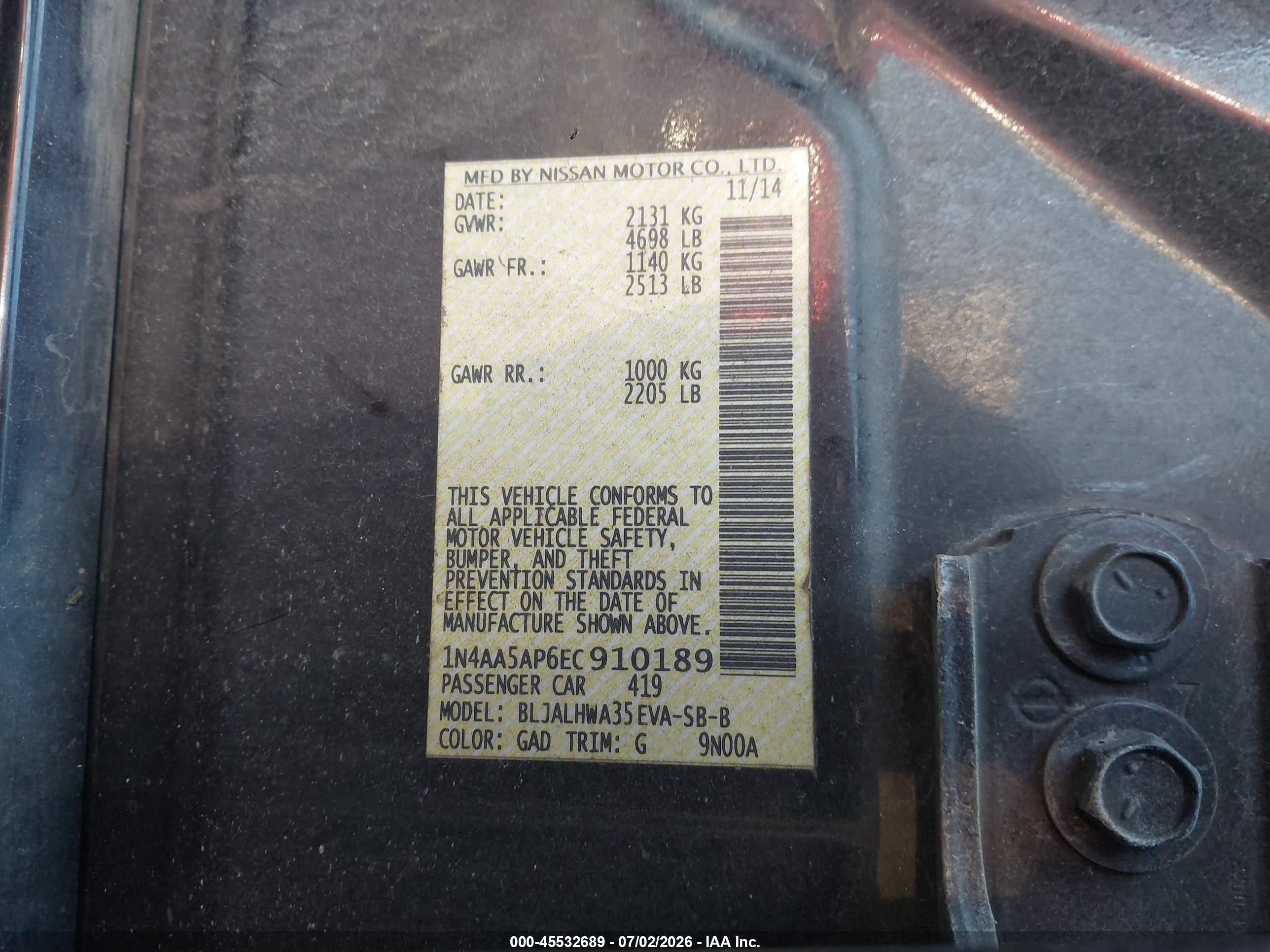 2014 Nissan Maxima 3.5 Sv Black vin: 1N4AA5AP6EC910189