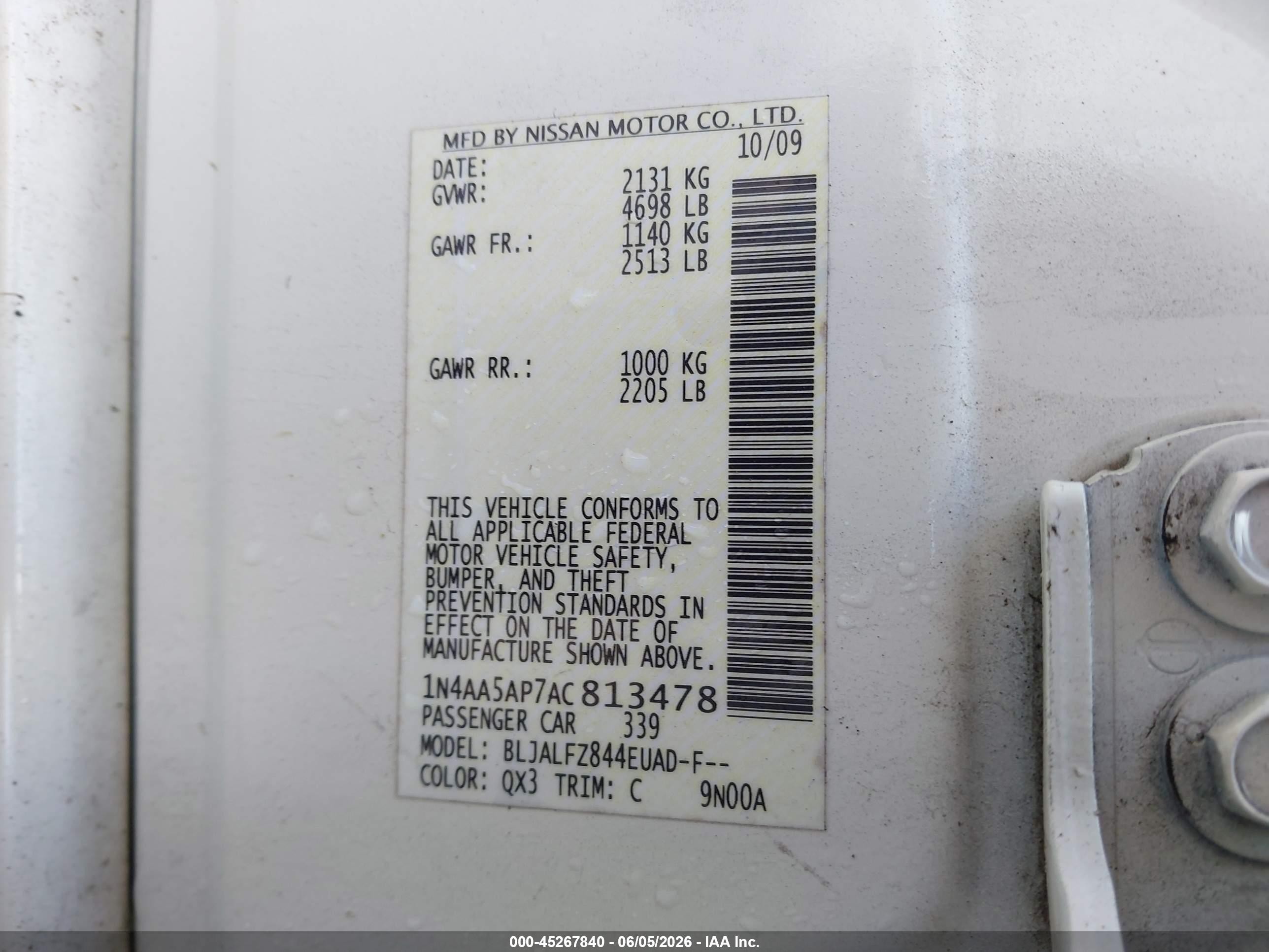 2010 Nissan Maxima 3.5 Sv White vin: 1N4AA5AP7AC813478