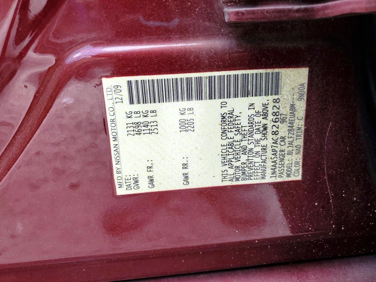 2010 Nissan Maxima 3.5 S Burgundy vin: 1N4AA5AP7AC826828