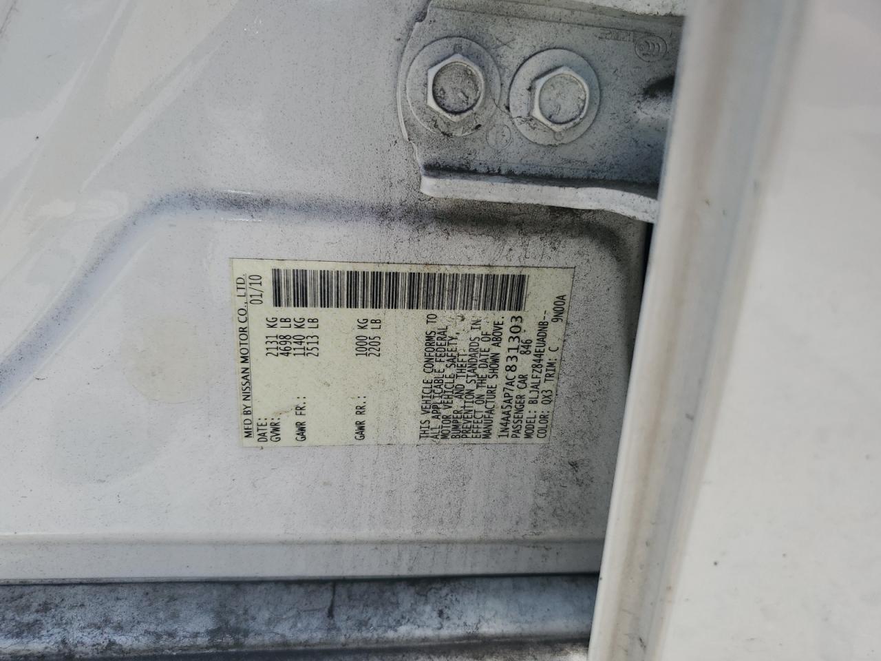 2010 Nissan Maxima S Silver vin: 1N4AA5AP7AC831303