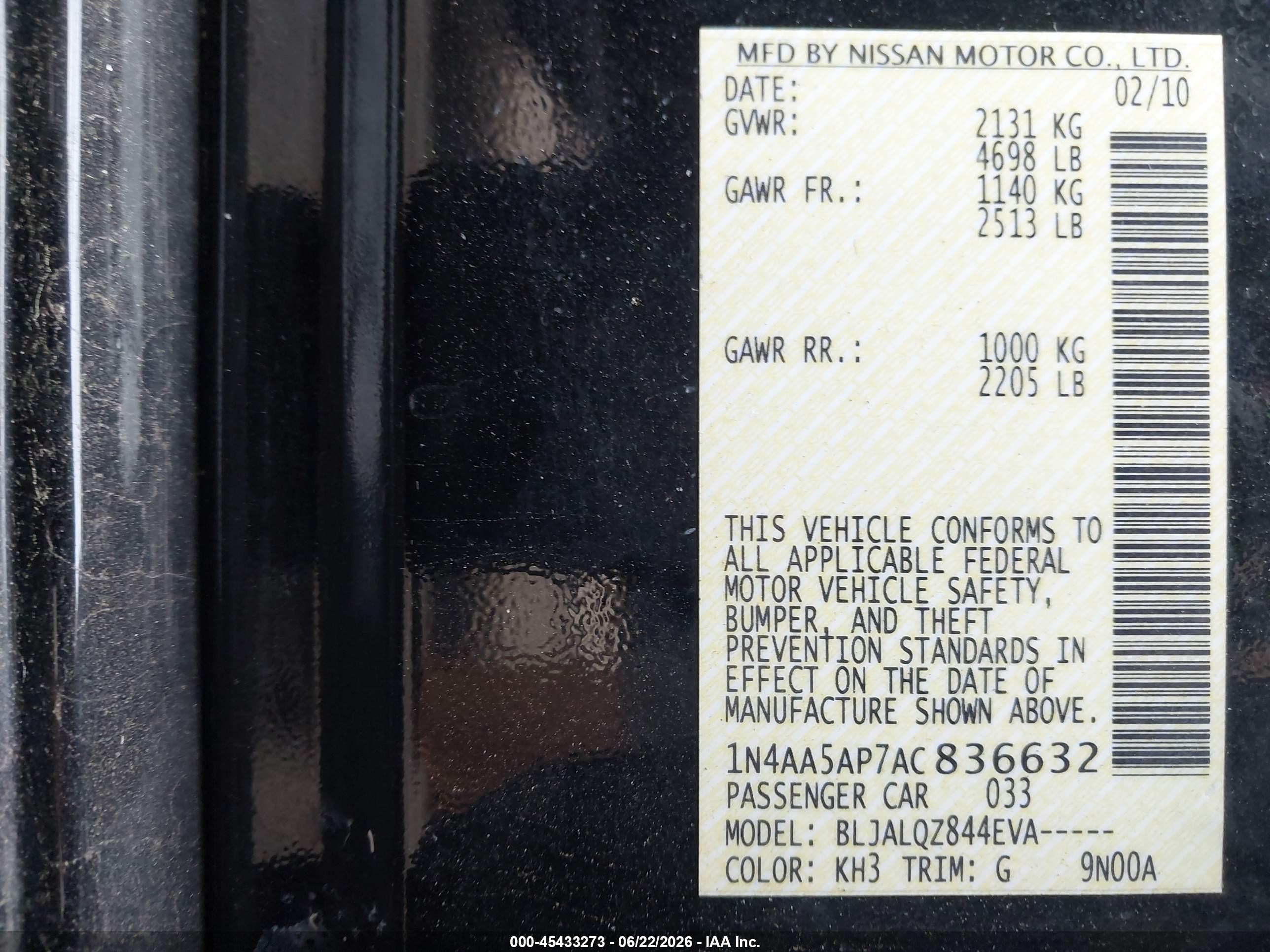 2010 Nissan Maxima 3.5 S Black vin: 1N4AA5AP7AC836632