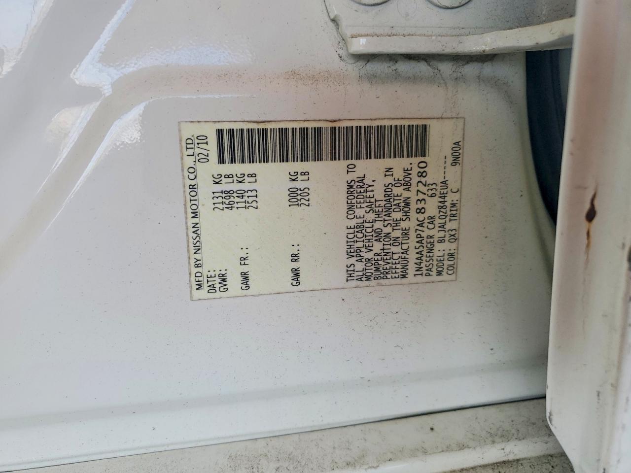 2010 Nissan Maxima 3.5 S Белый vin: 1N4AA5AP7AC837280