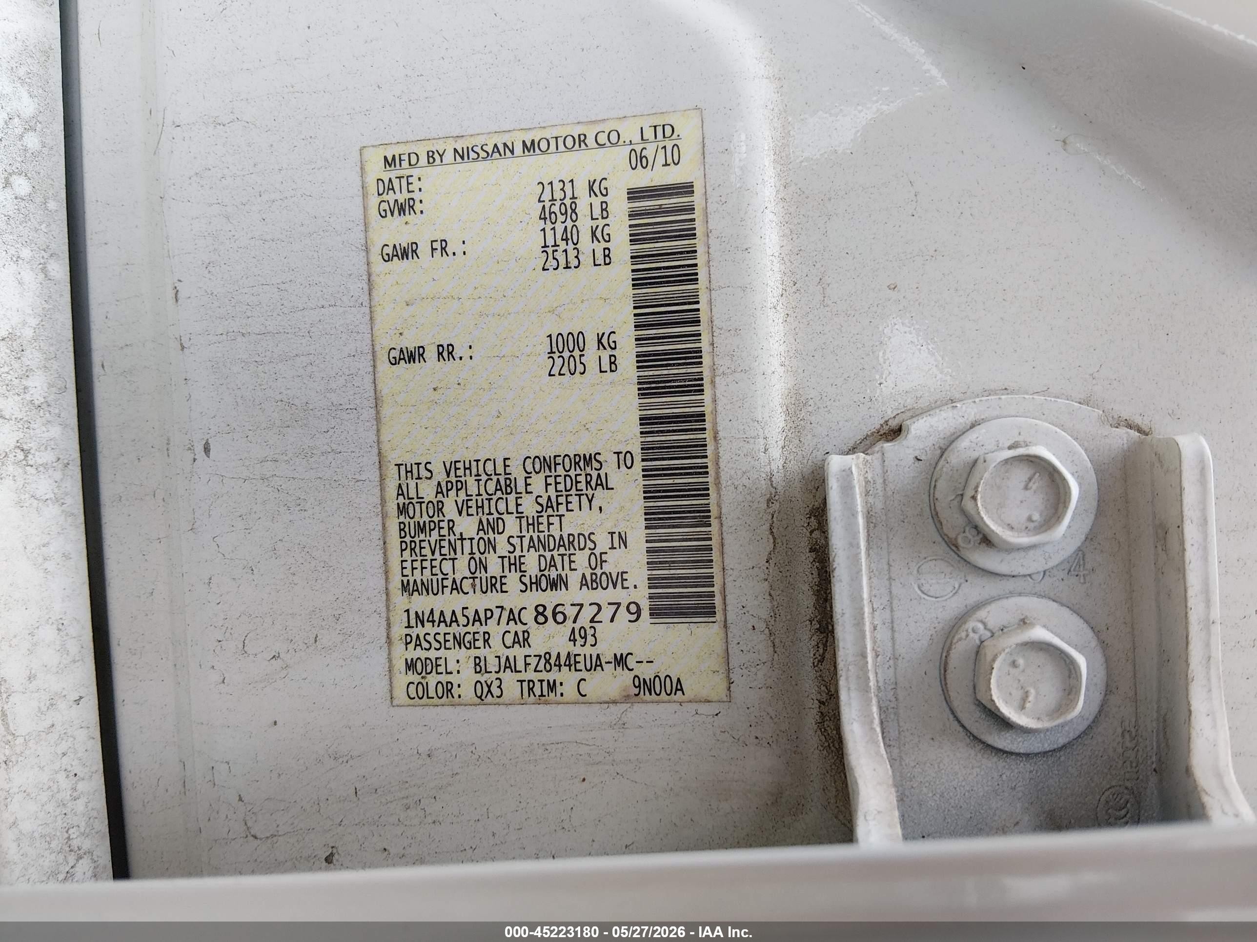 2010 Nissan Maxima 3.5 Sv White vin: 1N4AA5AP7AC867279