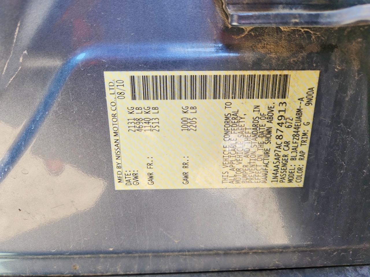 2010 Nissan Maxima S Gray vin: 1N4AA5AP7AC874913