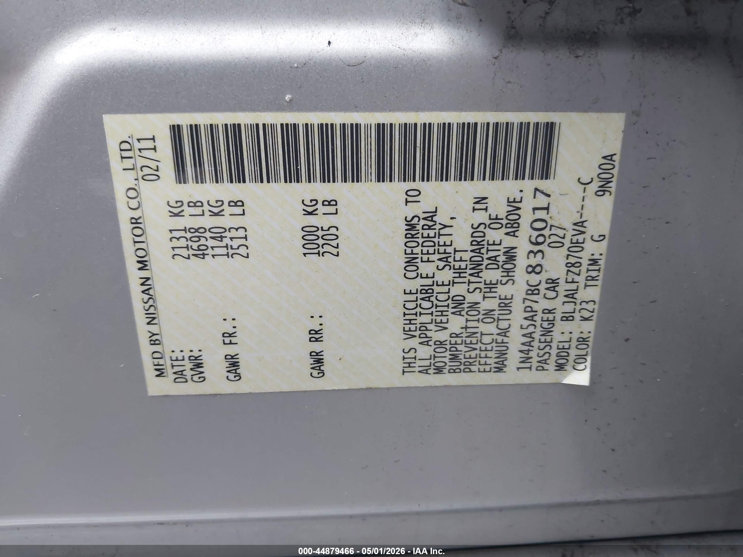 2011 Nissan Maxima 3.5 Sv Silver vin: 1N4AA5AP7BC836017