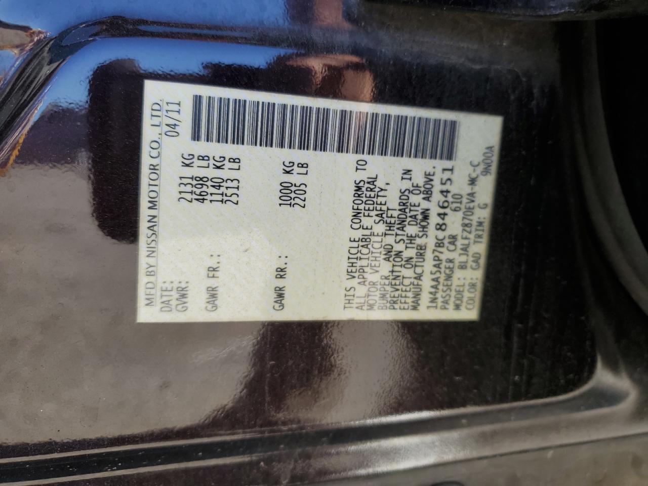 2011 Nissan Maxima 3.5 S Black vin: 1N4AA5AP7BC846451