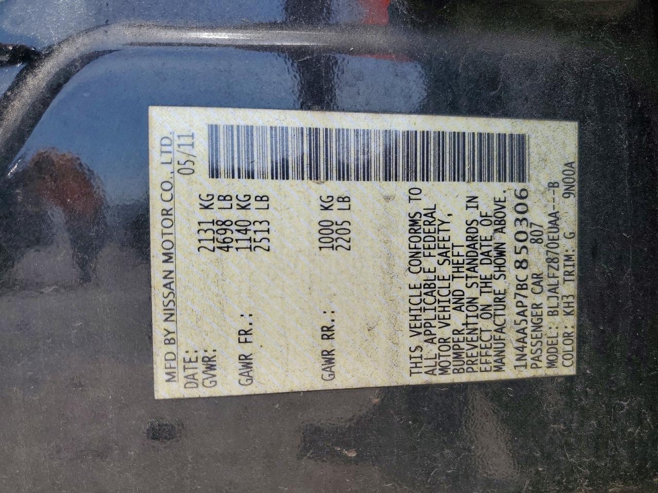 2011 Nissan Maxima 3.5 S Black vin: 1N4AA5AP7BC850306
