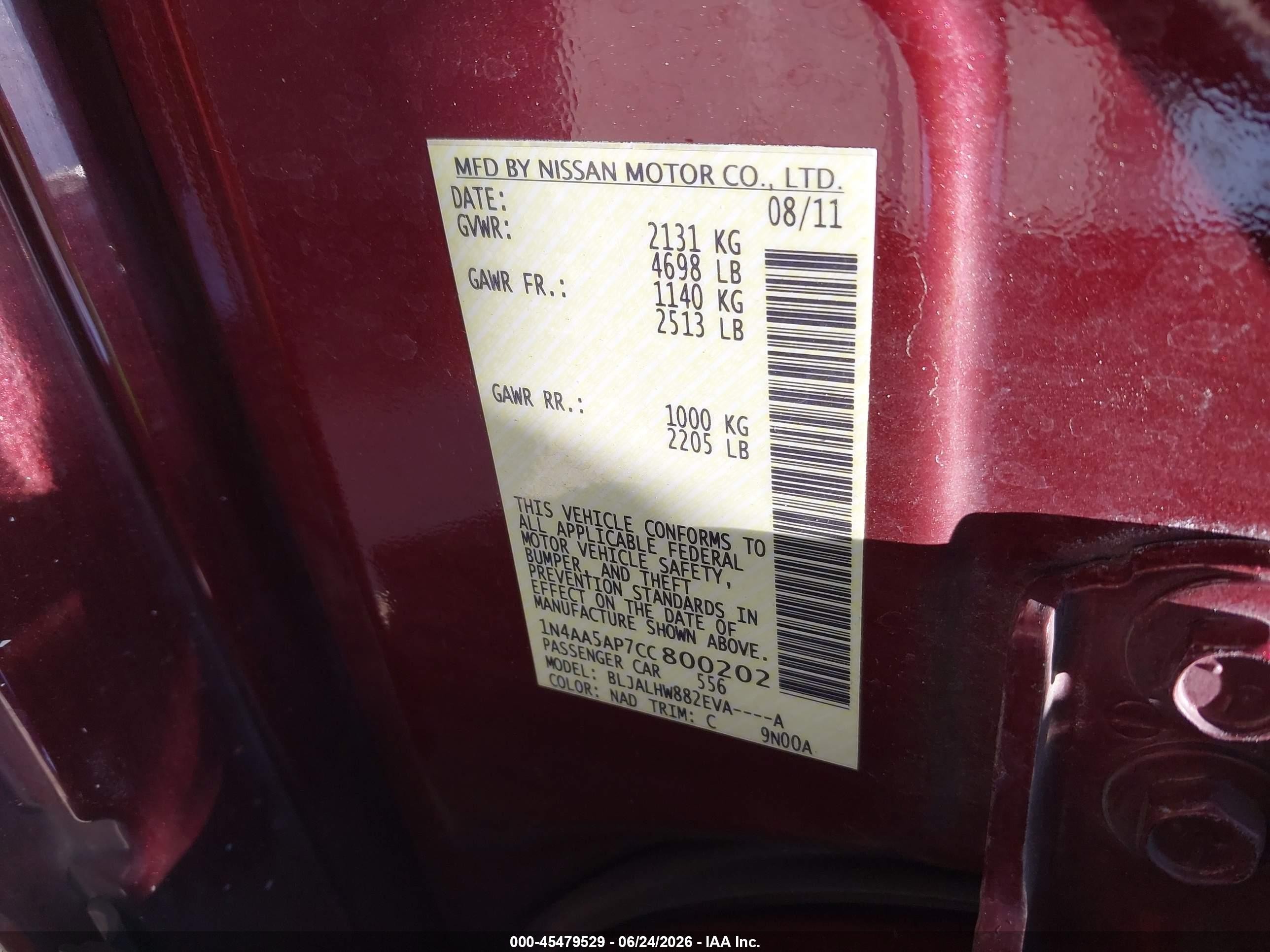 2012 Nissan Maxima 3.5 Sv Burgundy vin: 1N4AA5AP7CC800202