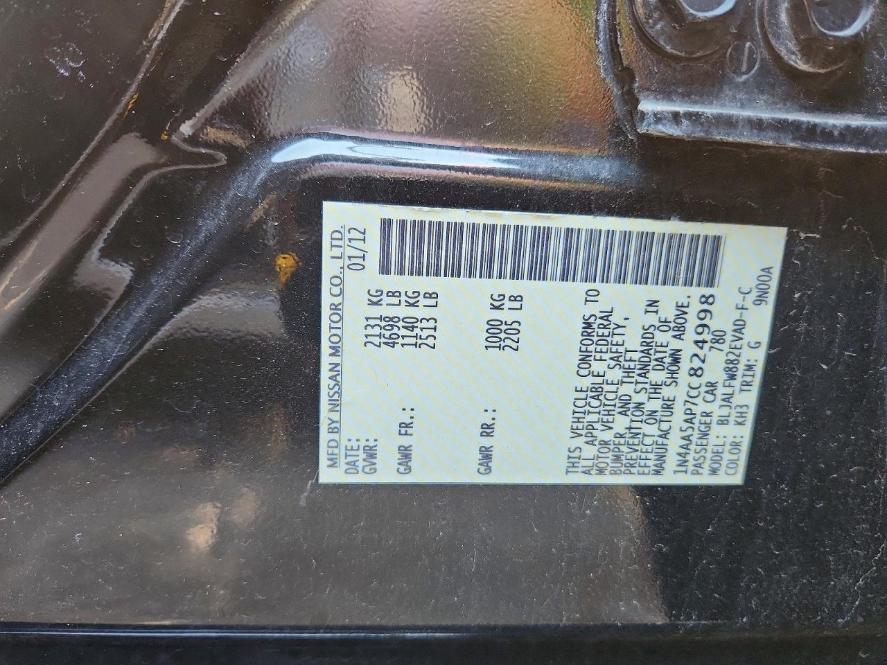 2012 Nissan Maxima 3.5 S Black vin: 1N4AA5AP7CC824998