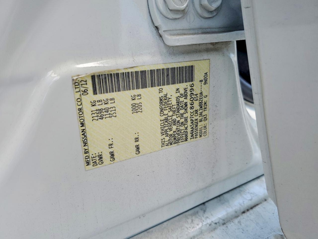 2012 Nissan Maxima 3.5 S White vin: 1N4AA5AP7CC860996