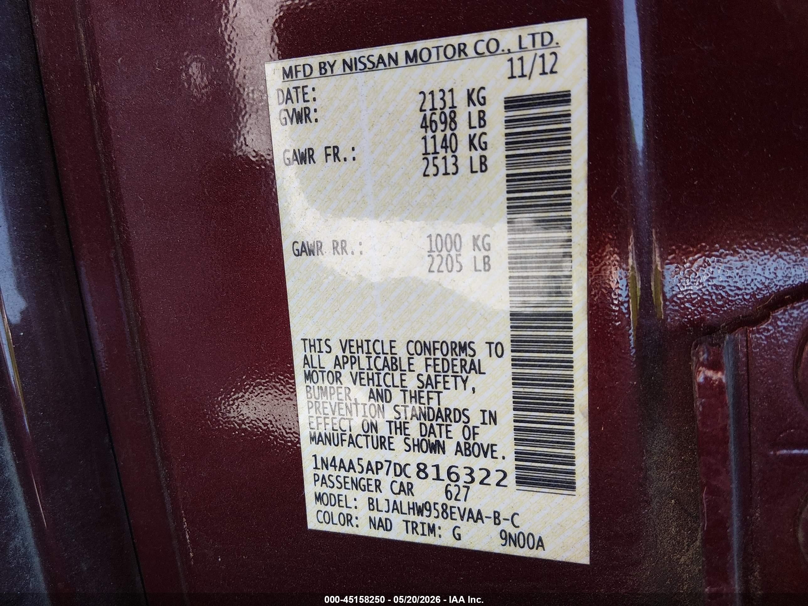 2013 Nissan Maxima 3.5 Sv Burgundy vin: 1N4AA5AP7DC816322