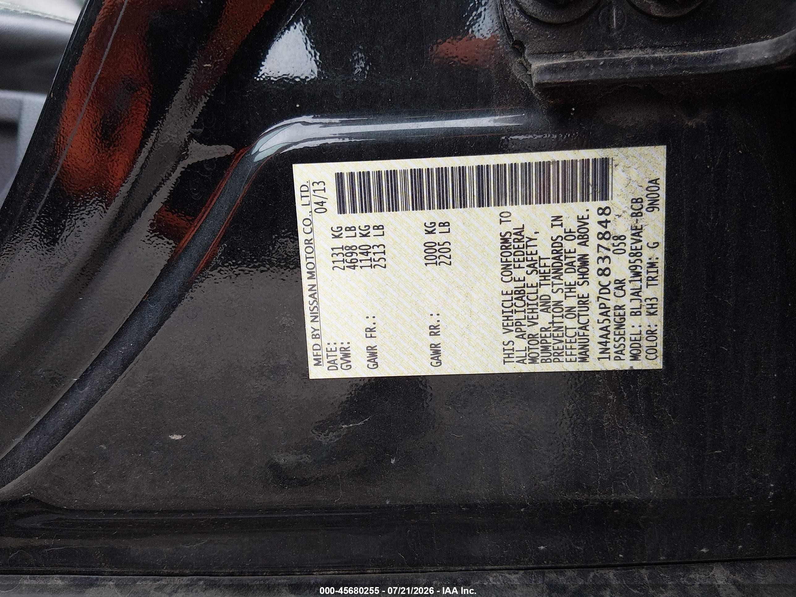 2013 Nissan Maxima 3.5 Sv Black vin: 1N4AA5AP7DC837848