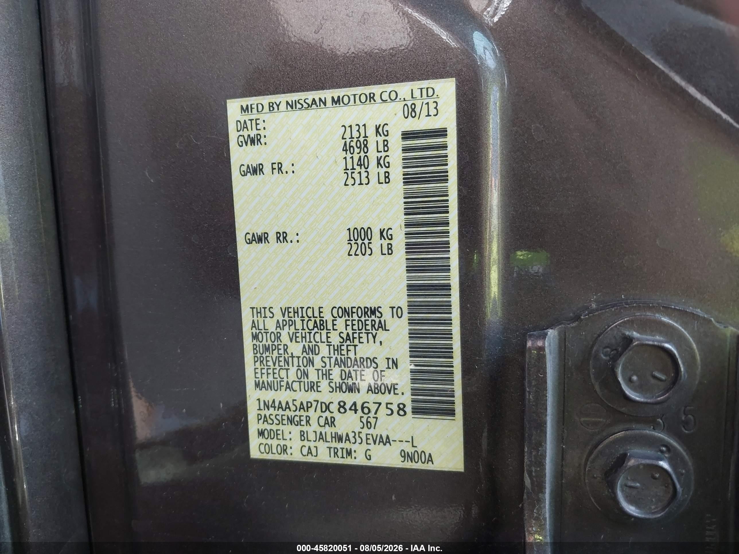 2013 Nissan Maxima 3.5 Sv Brown vin: 1N4AA5AP7DC846758