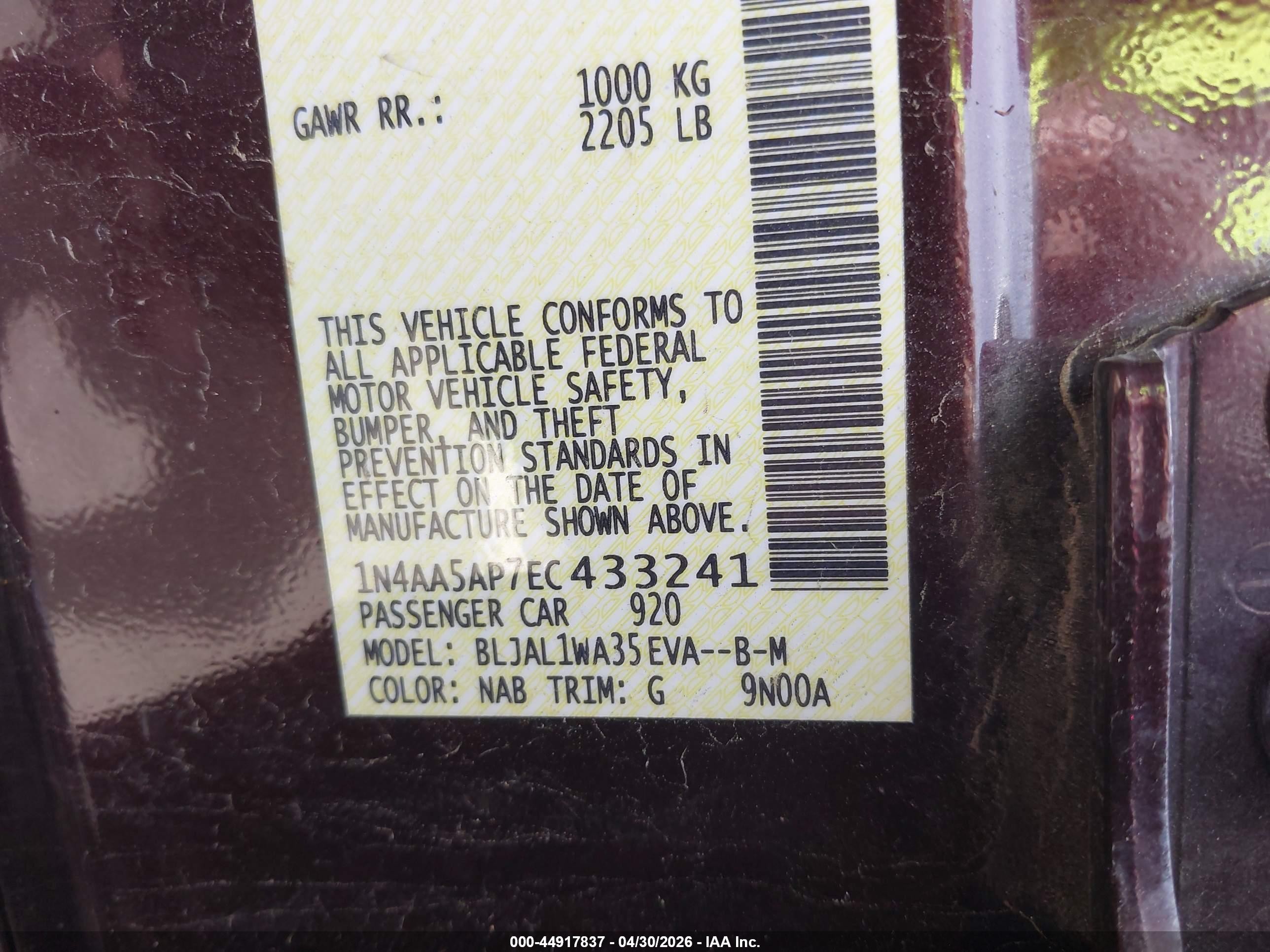 2014 Nissan Maxima 3.5 Sv Burgundy vin: 1N4AA5AP7EC433241